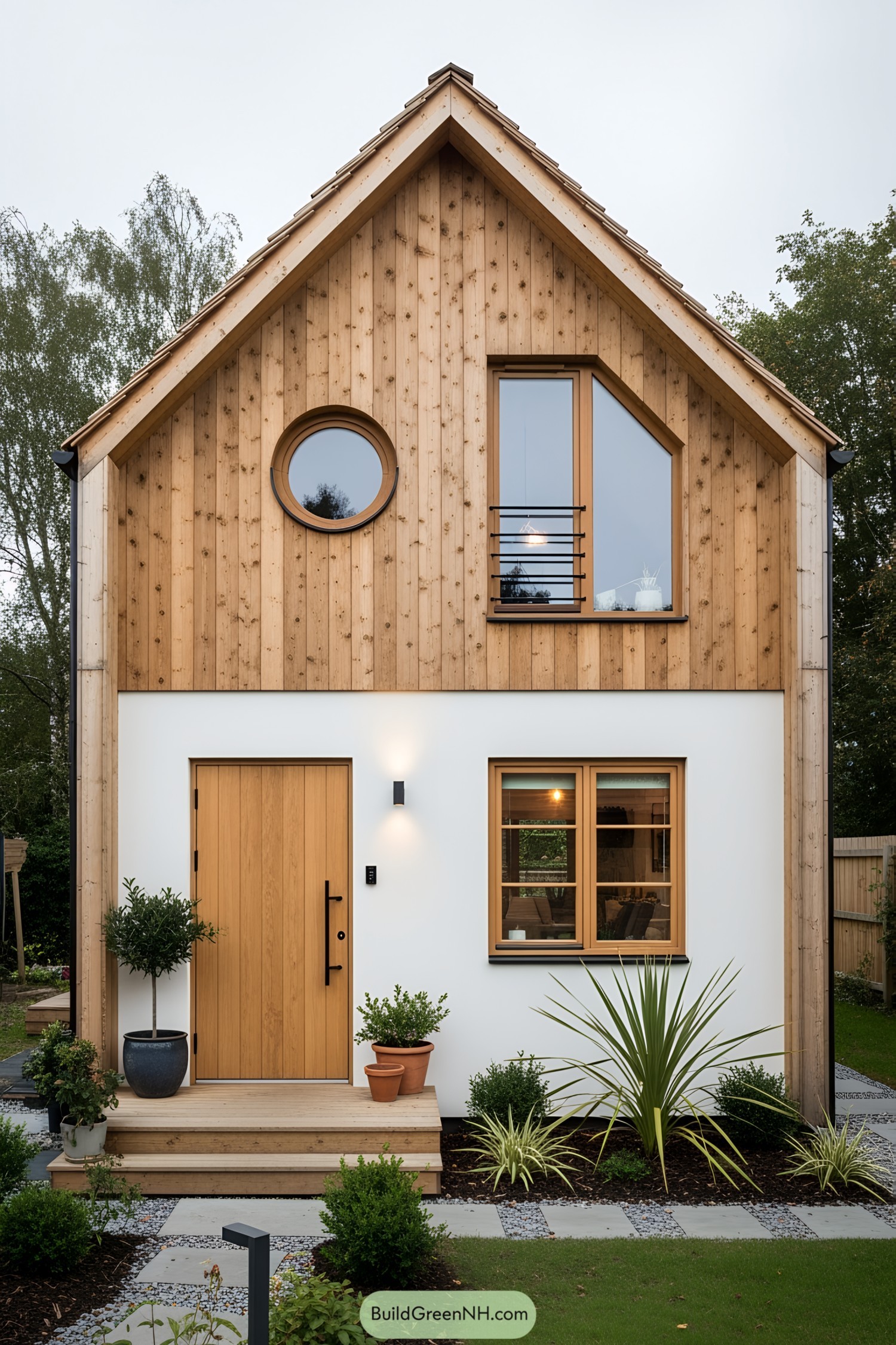 Cozy loft house with wooden accents and a circular window