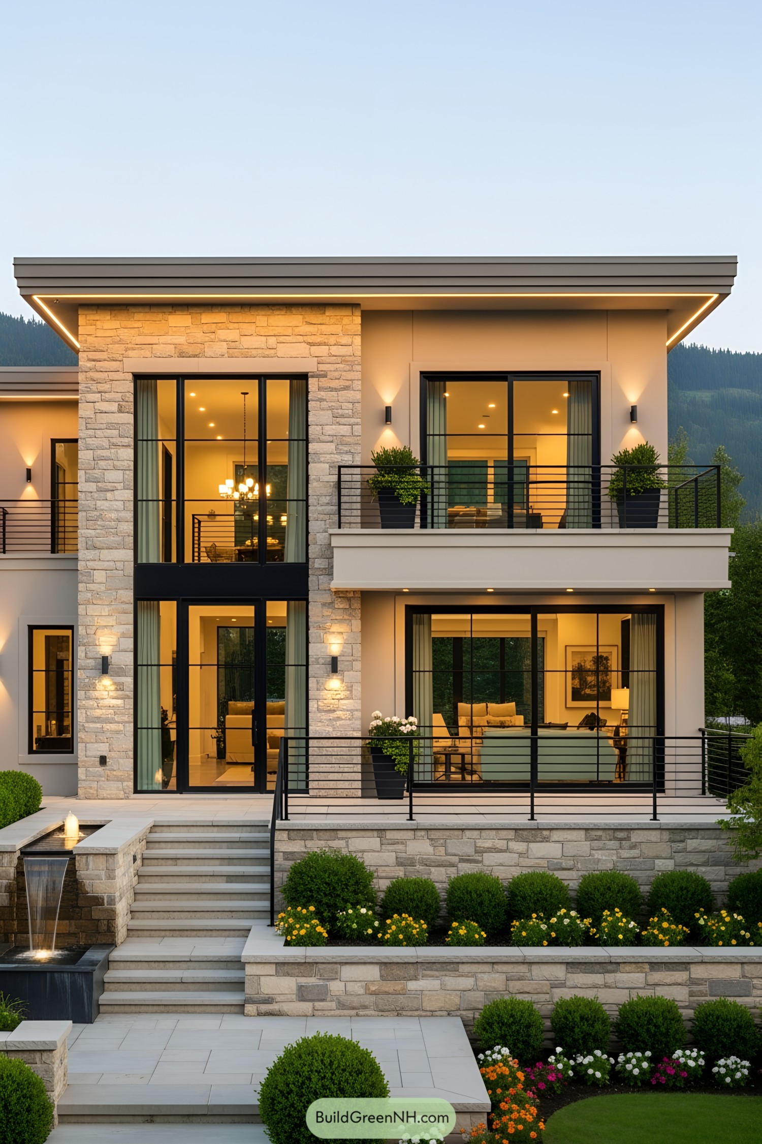 Modern luxury house with stone accents and large windows, nestled in a green landscape