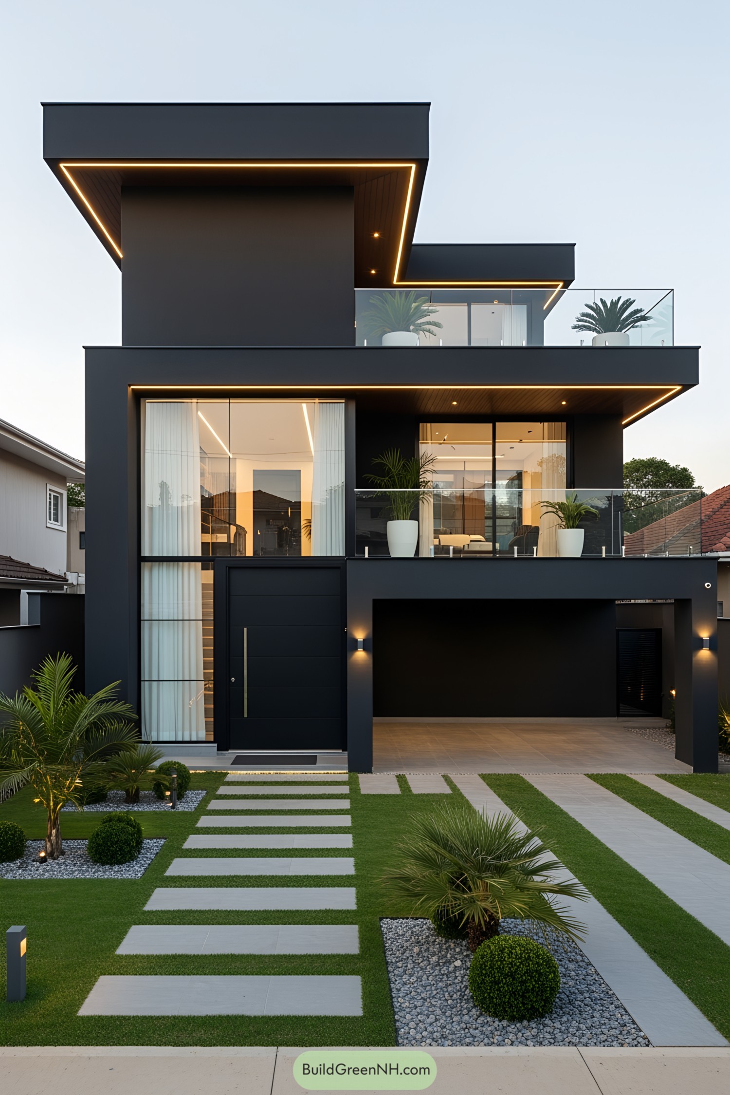 Sleek, black luxury house with geometric design