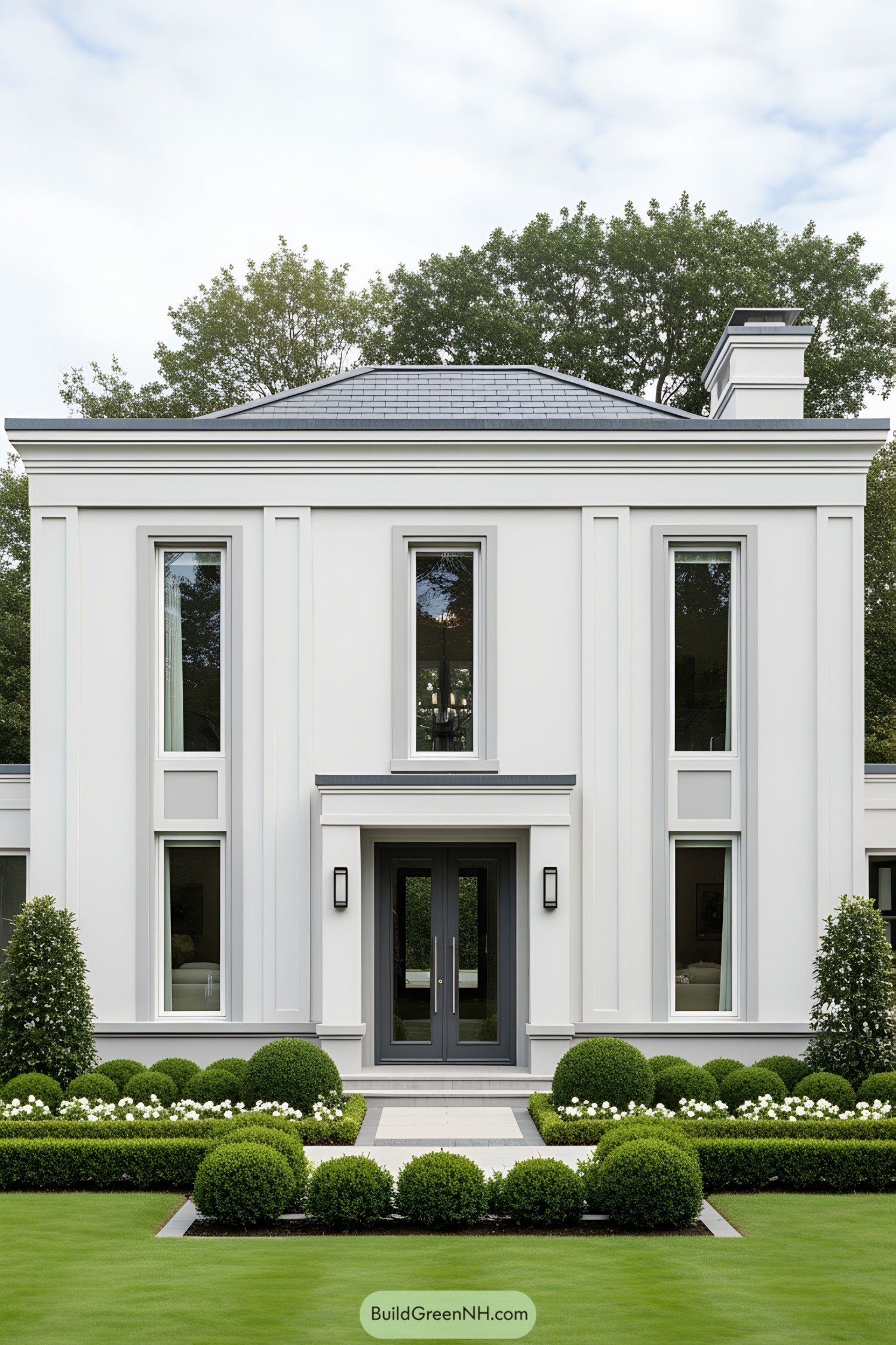 Front view of a modern white house with manicured garden