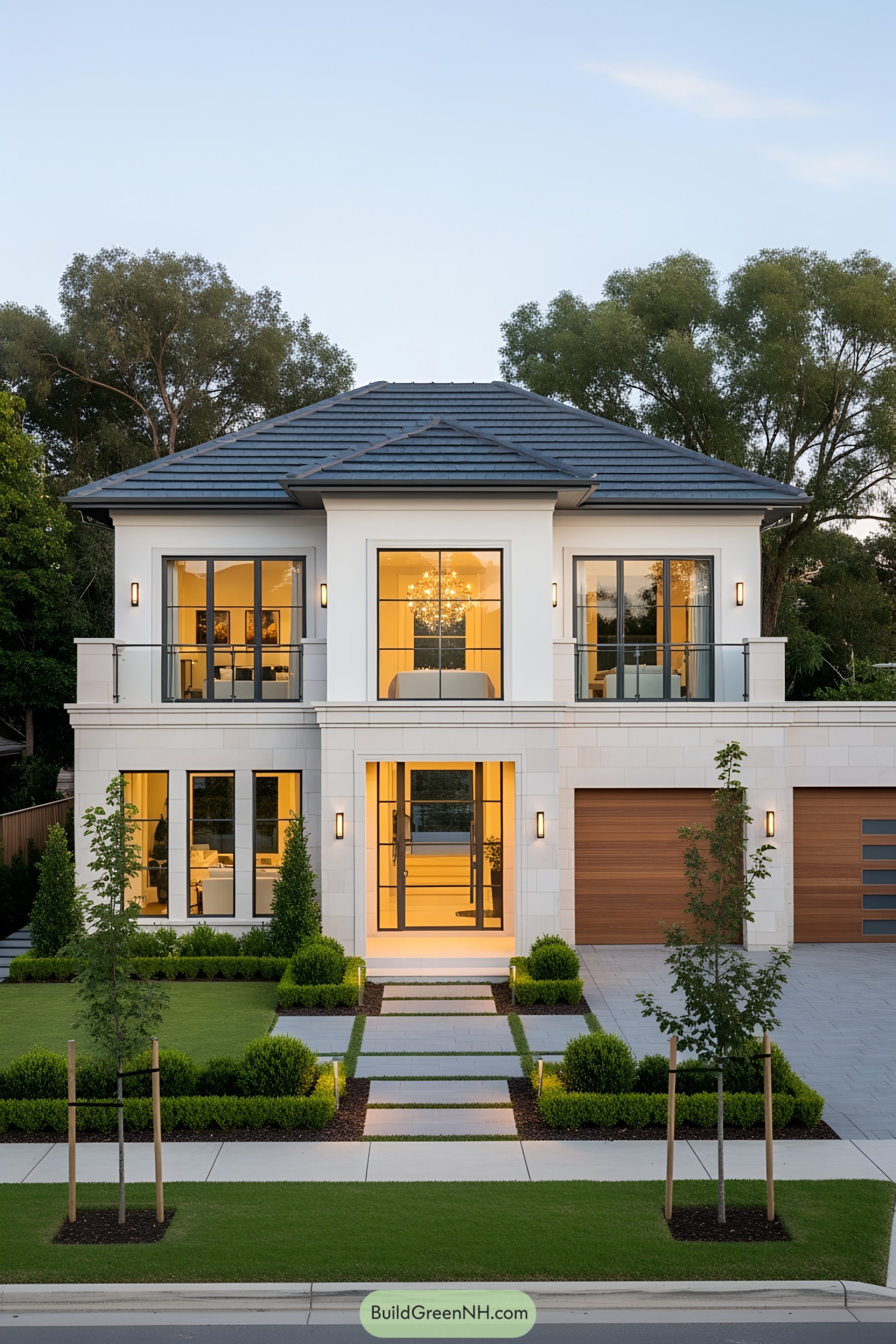 Modern two-story house with large windows and a sleek design
