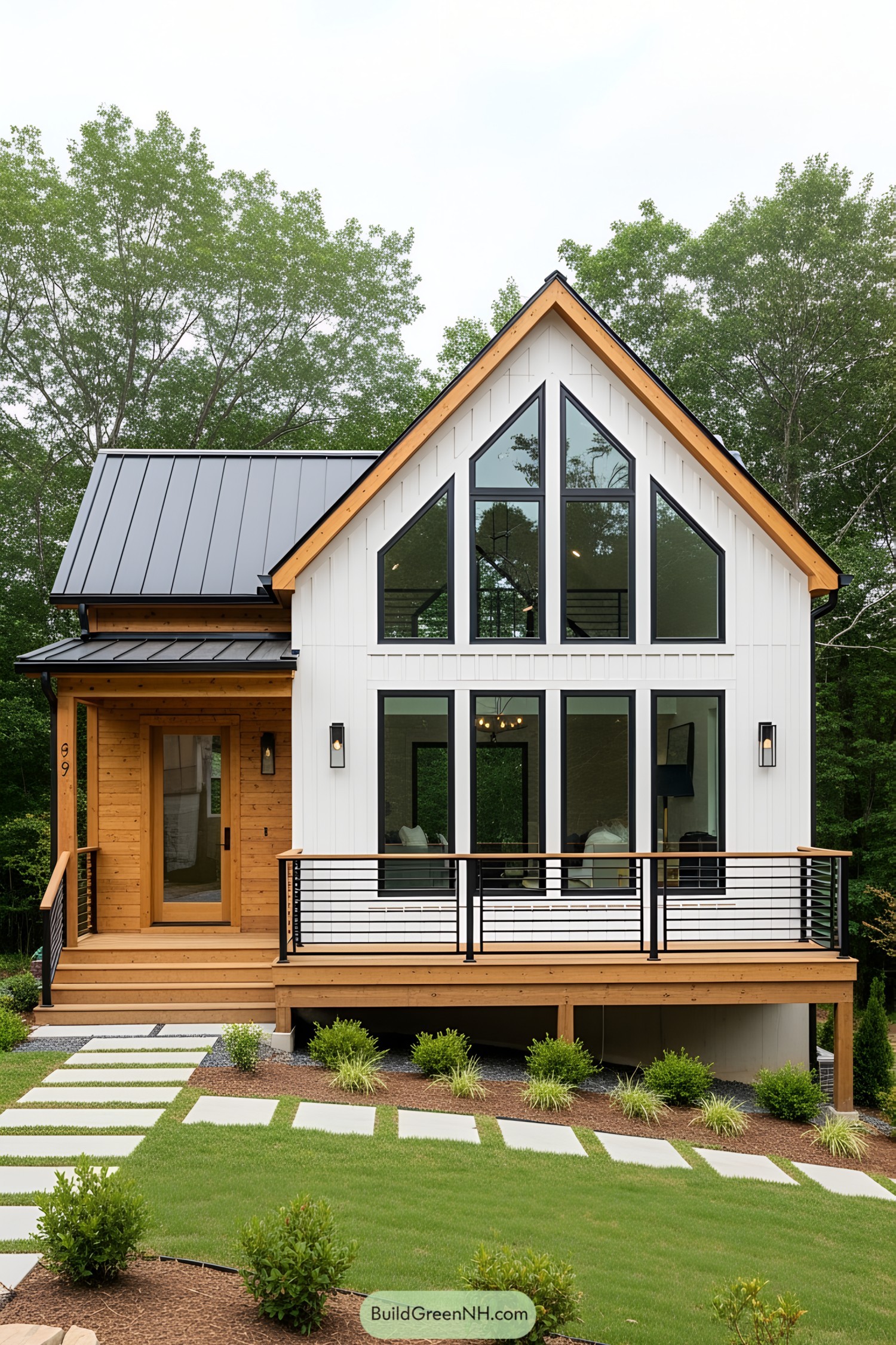 Triangular modern house with large windows and wooden accents