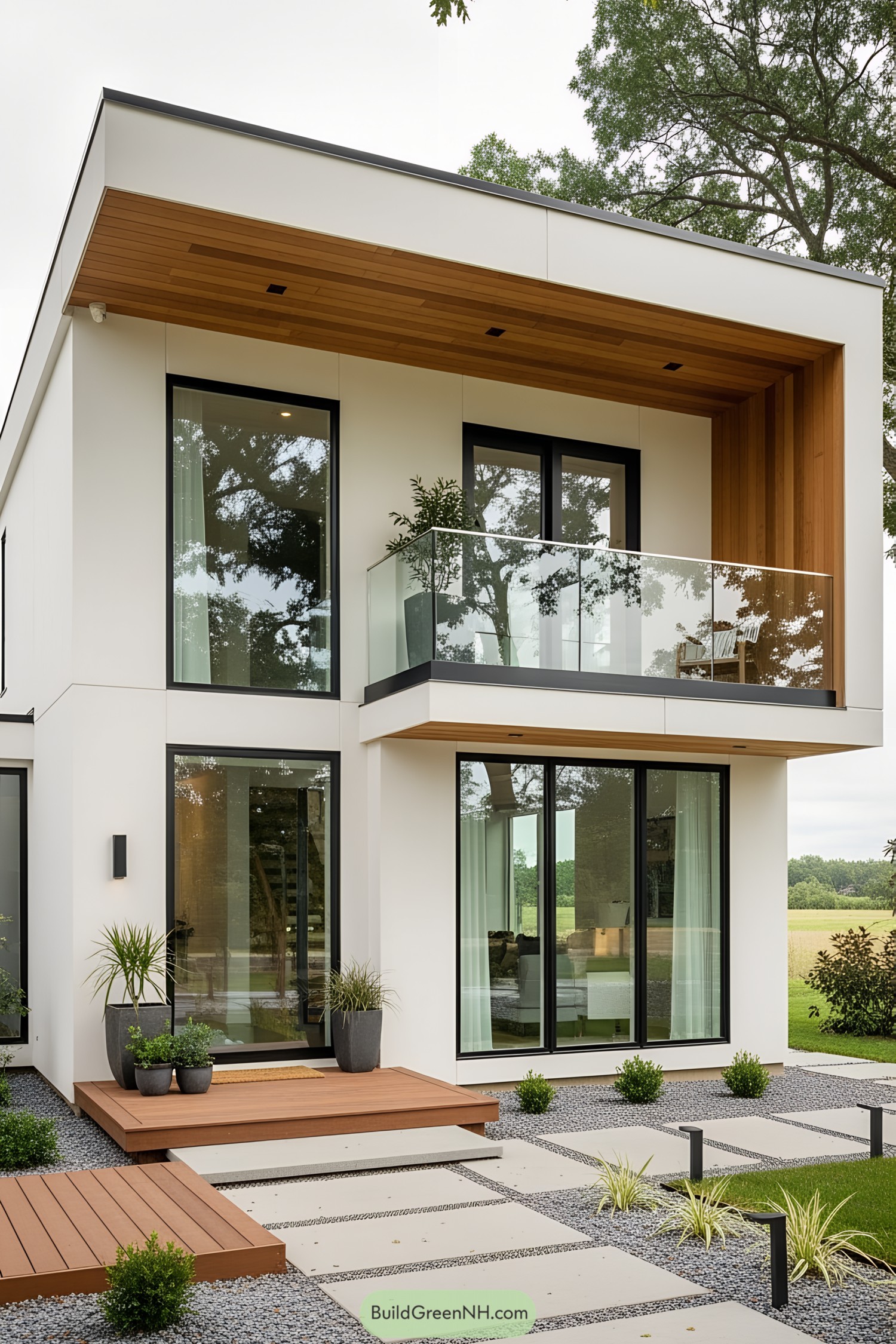 Compact luxury house with large glass doors and a balcony