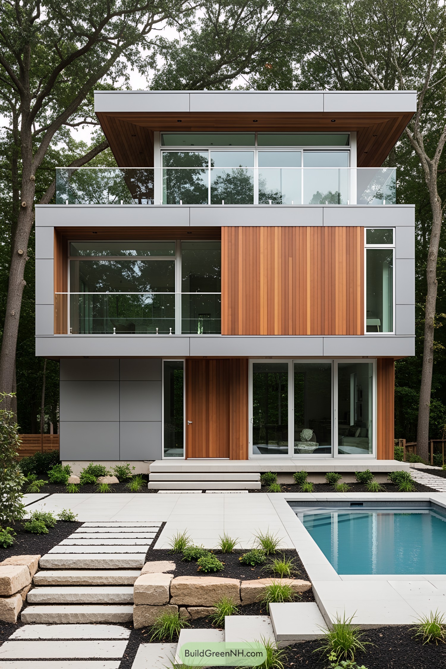 Modern cube house with wooden accents and a pool