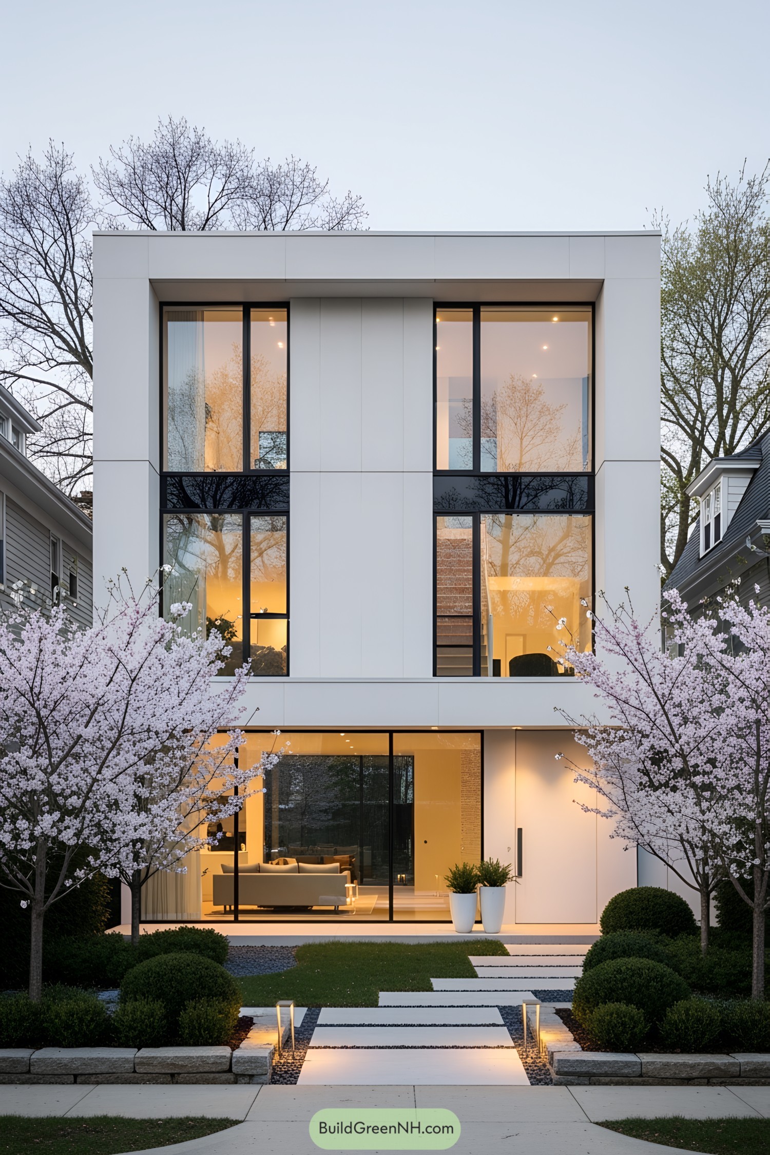 Modern three-story house with large glass windows and cherry blossom trees