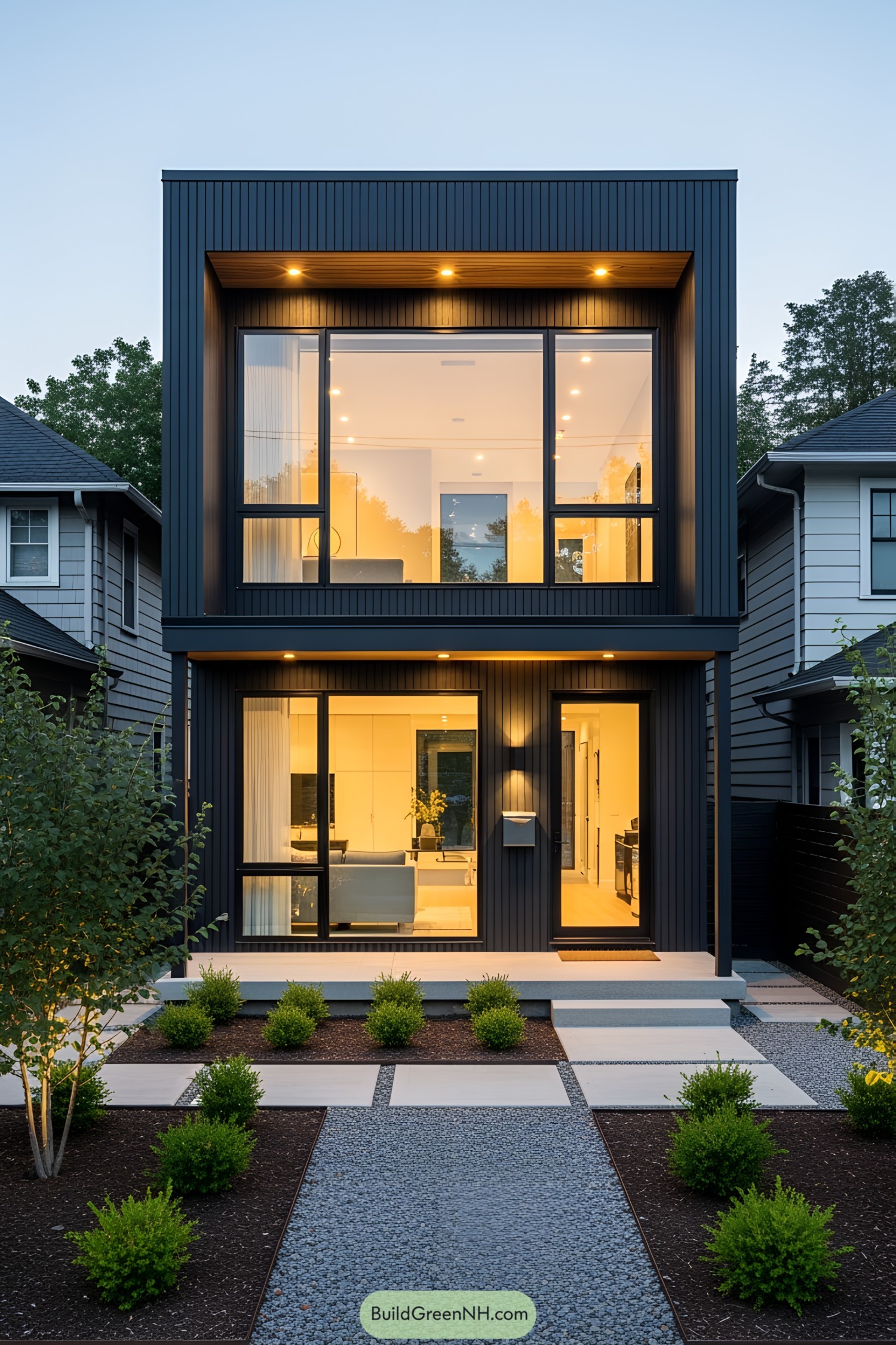 Sleek modern house with large windows and minimalist garden