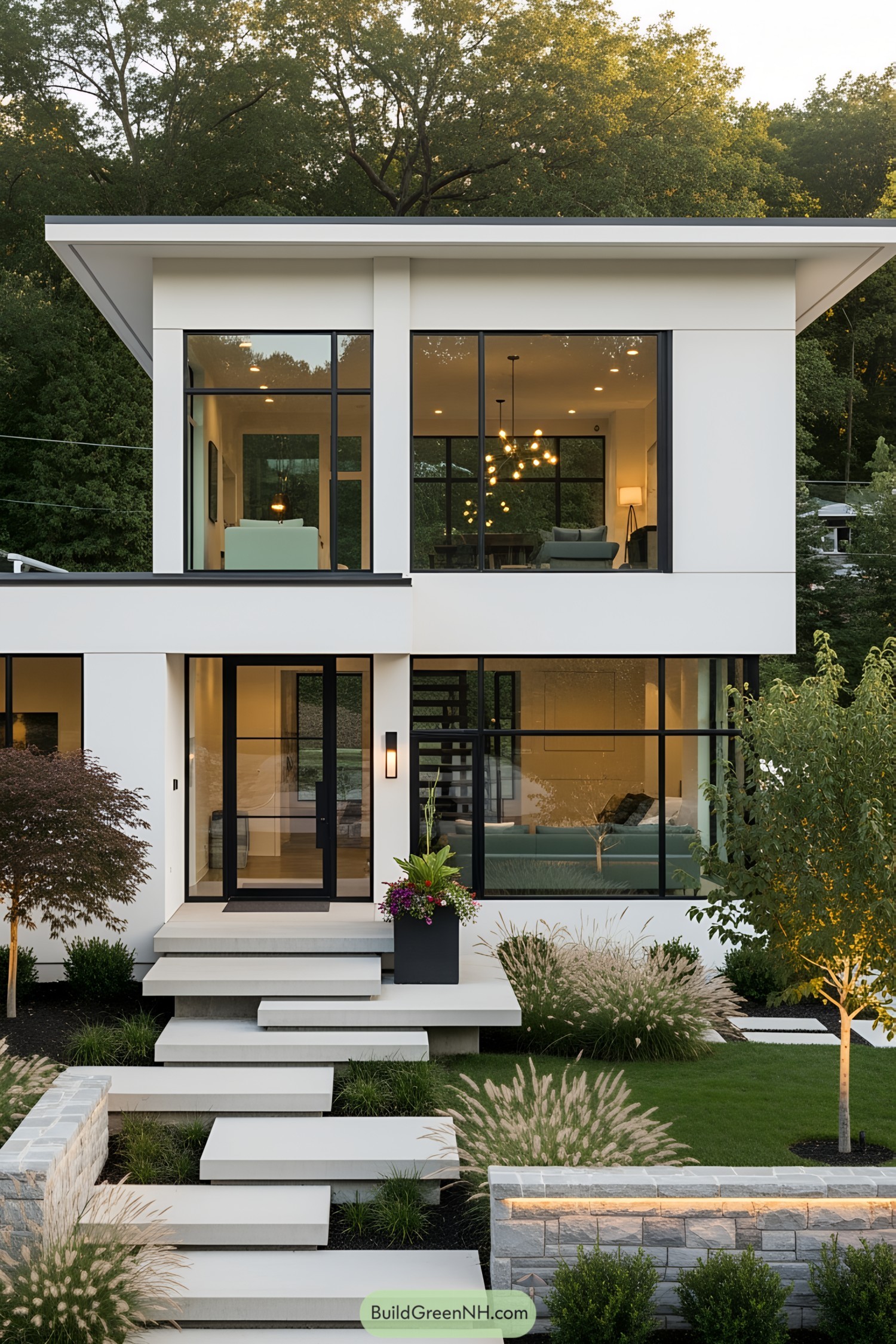 Modern luxury house with large glass windows and surrounding greenery