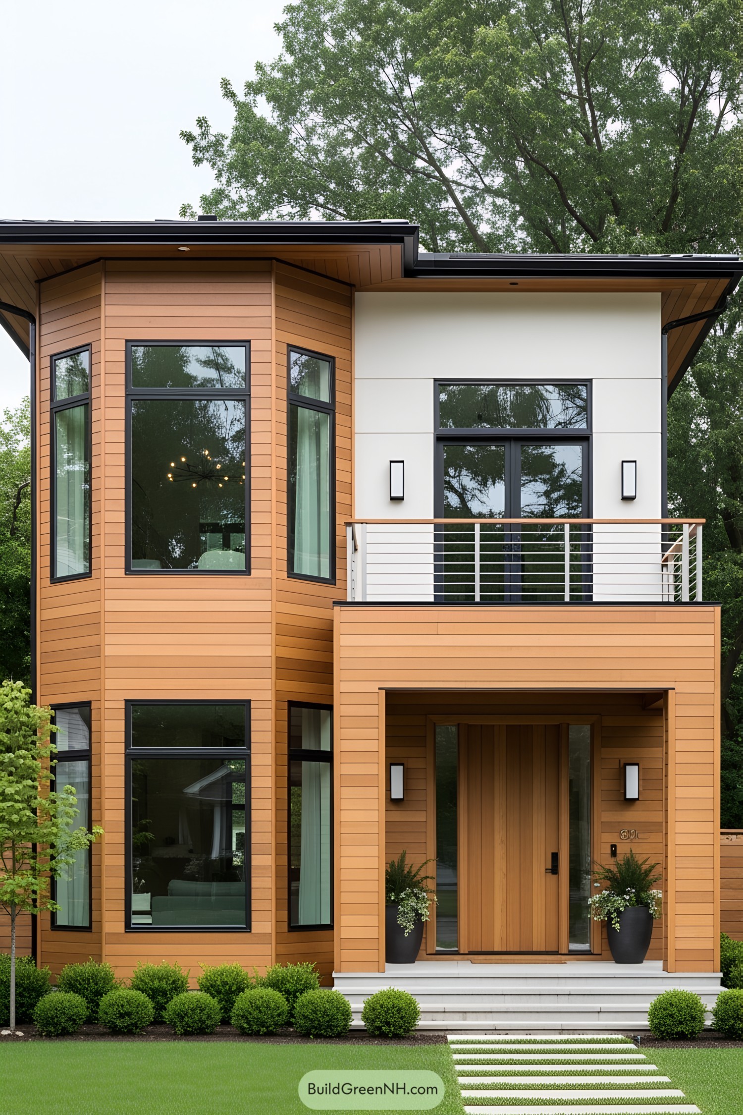 Stylish wooden house with large windows and a balcony