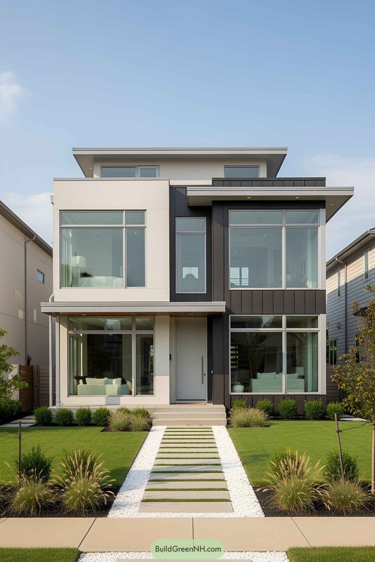 Contemporary two-story house with large windows