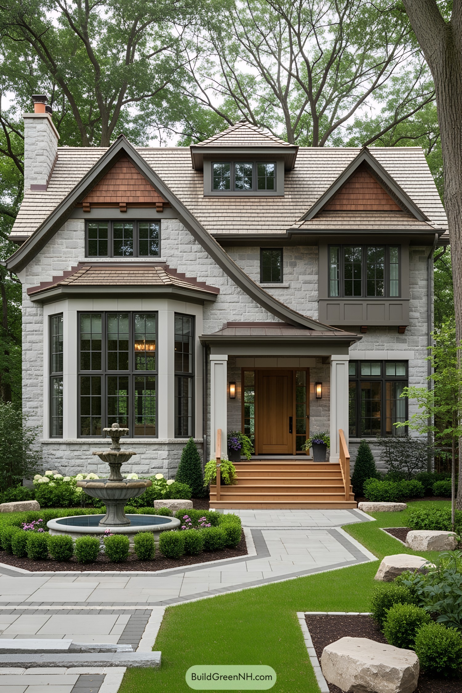 Charming stone house with manicured garden and fountain