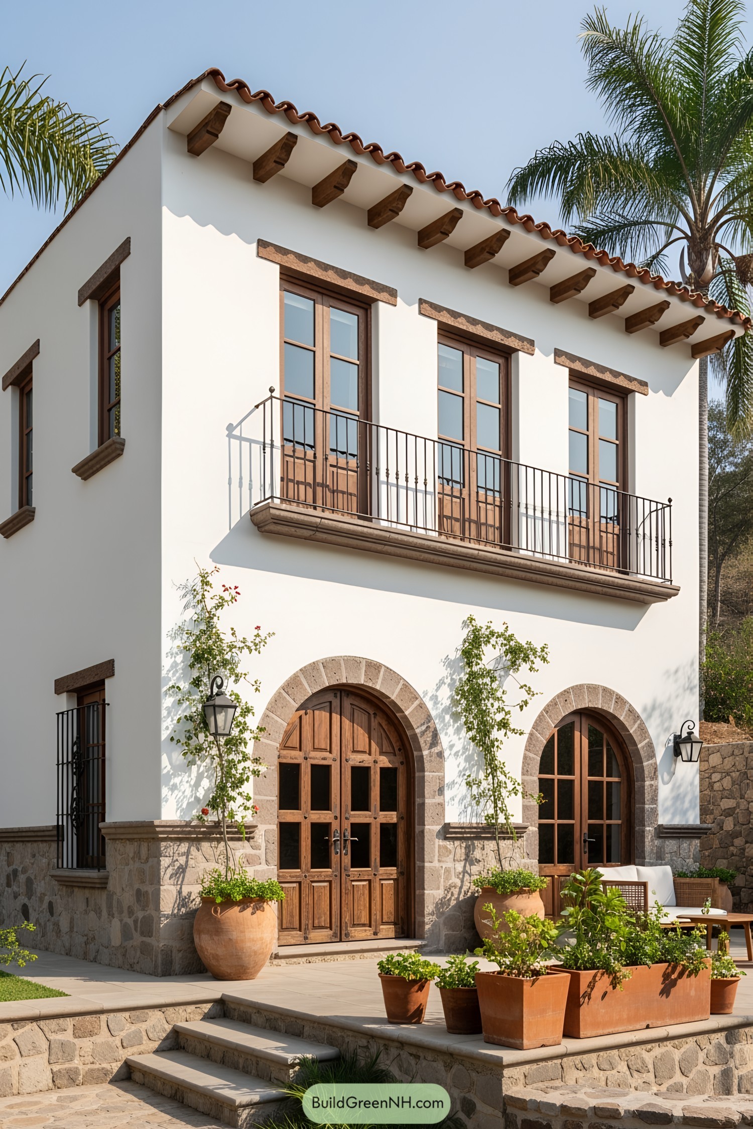 White-walled house with arched wooden doors