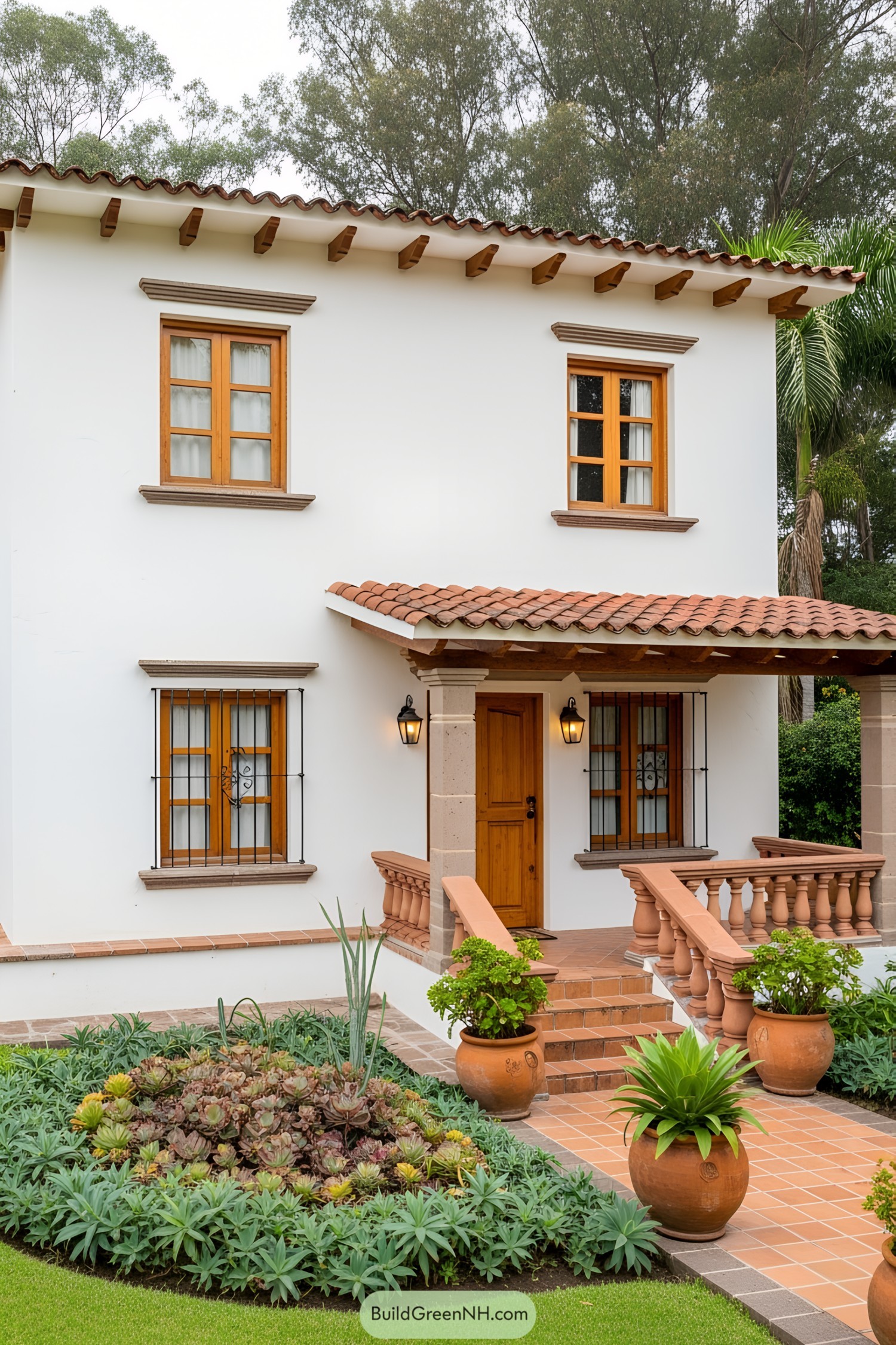 Compact Mexican house with tiled roof and lush garden