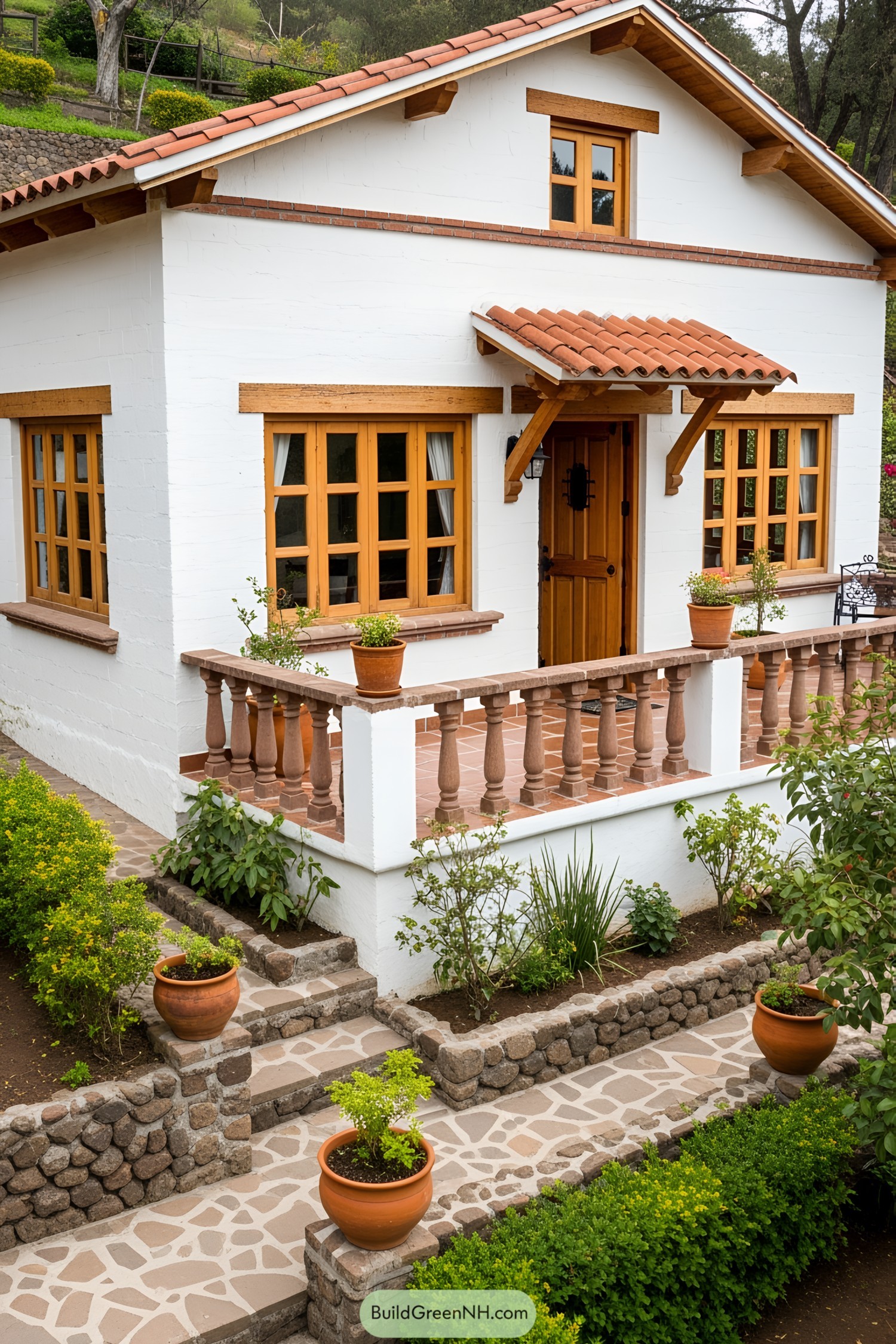 Small white Mexican house with wooden accents and clay tiles