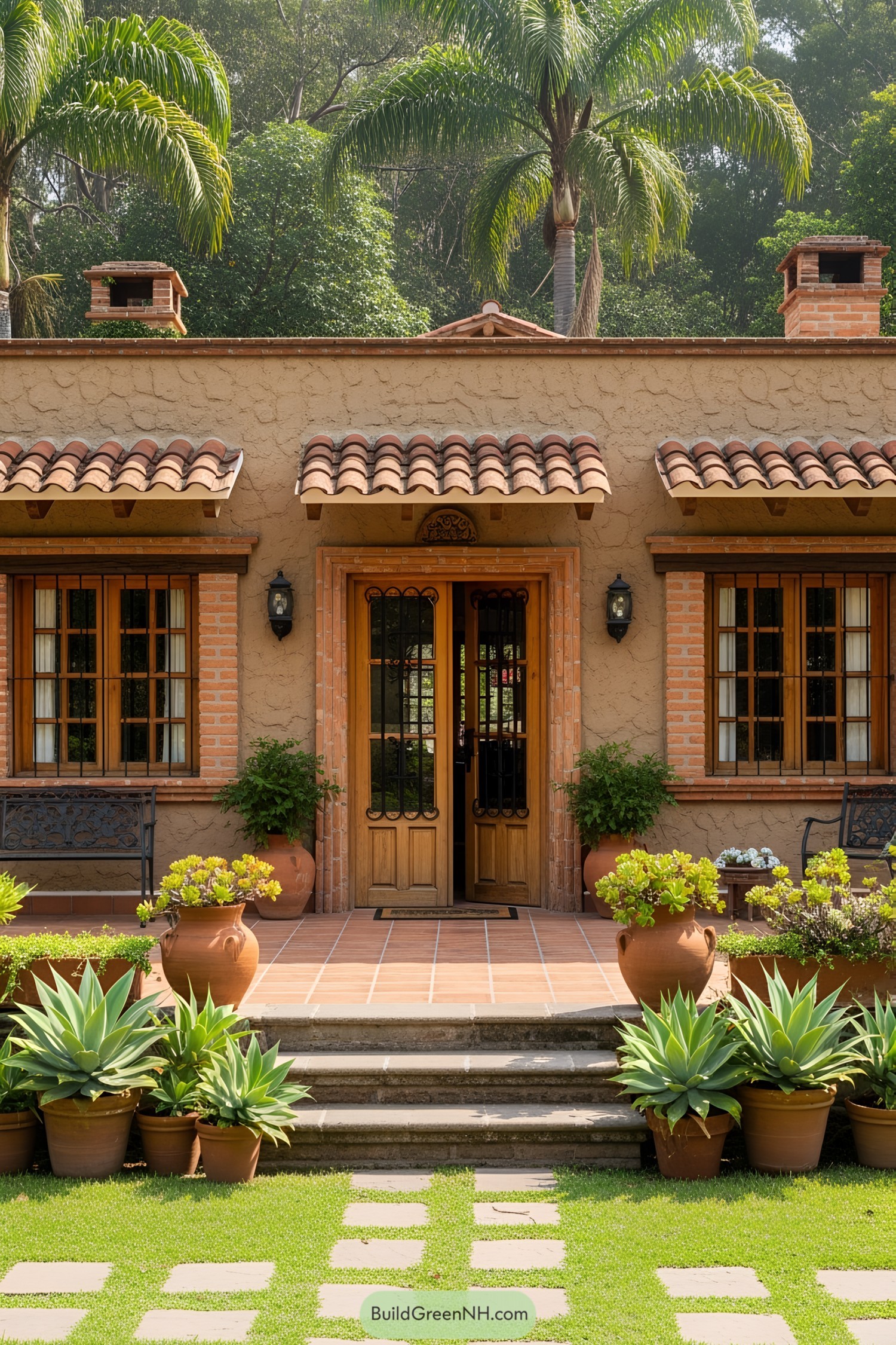 Charming rustic house with clay roof and surrounding greenery