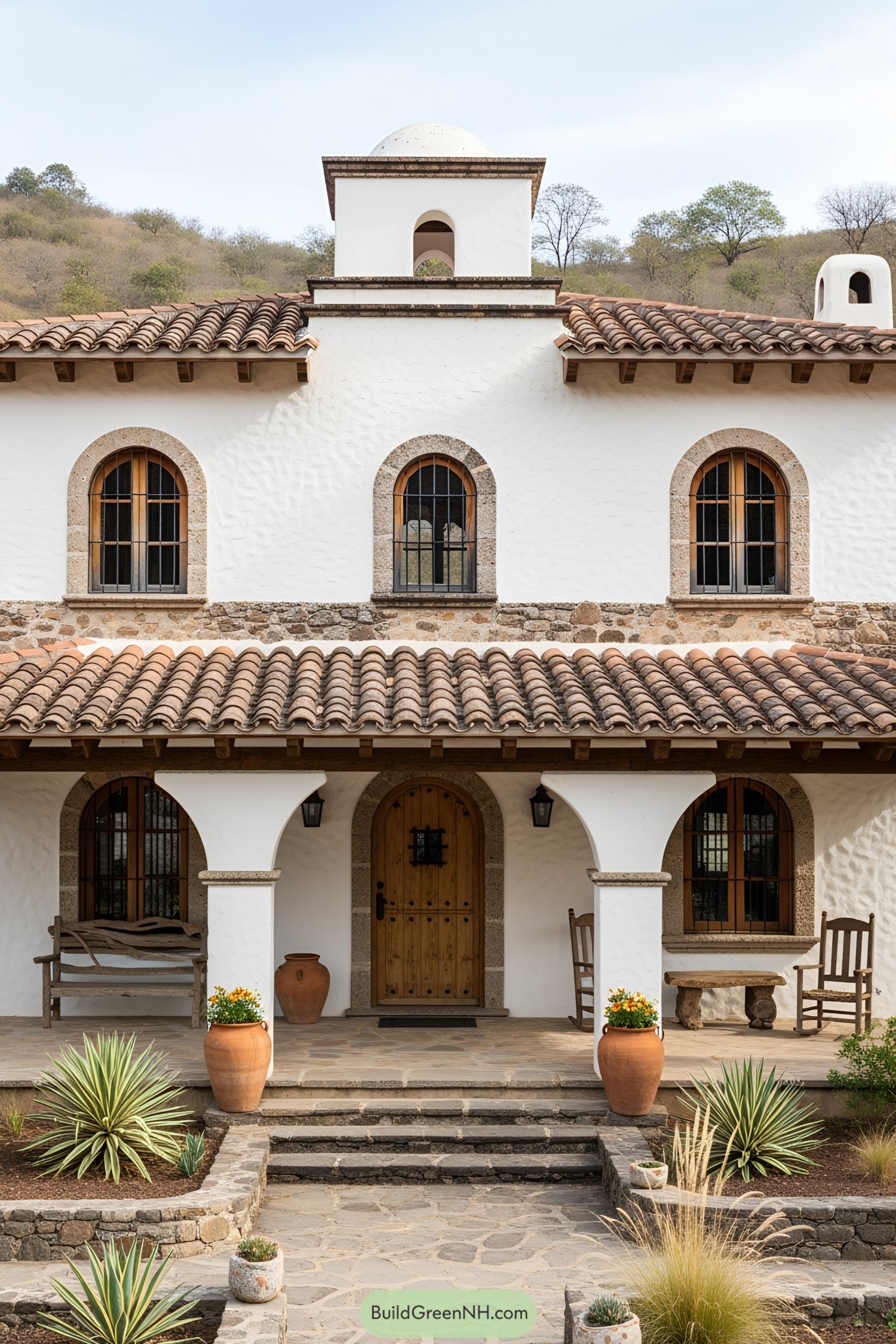 White stucco house with terra-cotta roof and arched windows