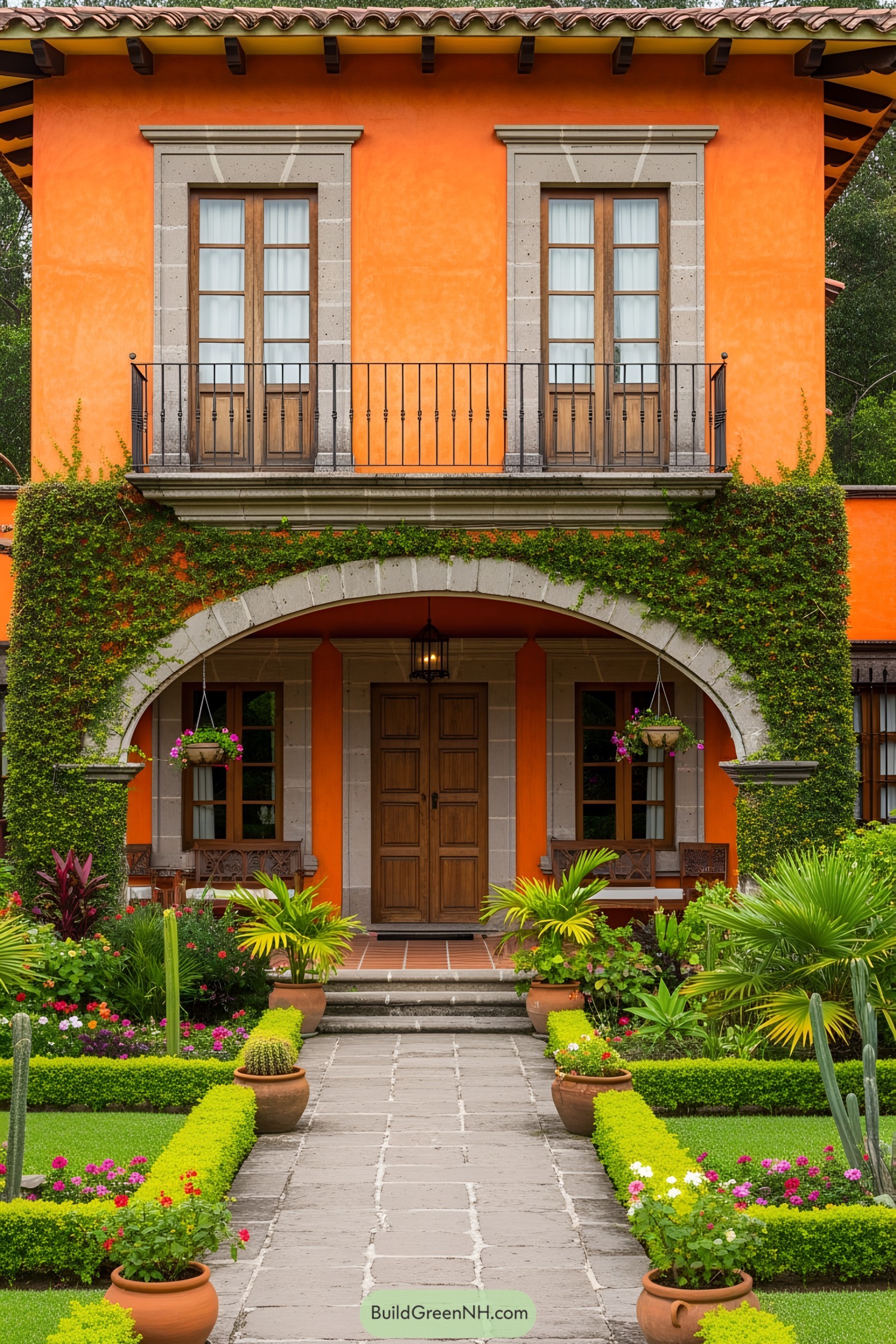 Bright orange house with lush garden and arched entryway