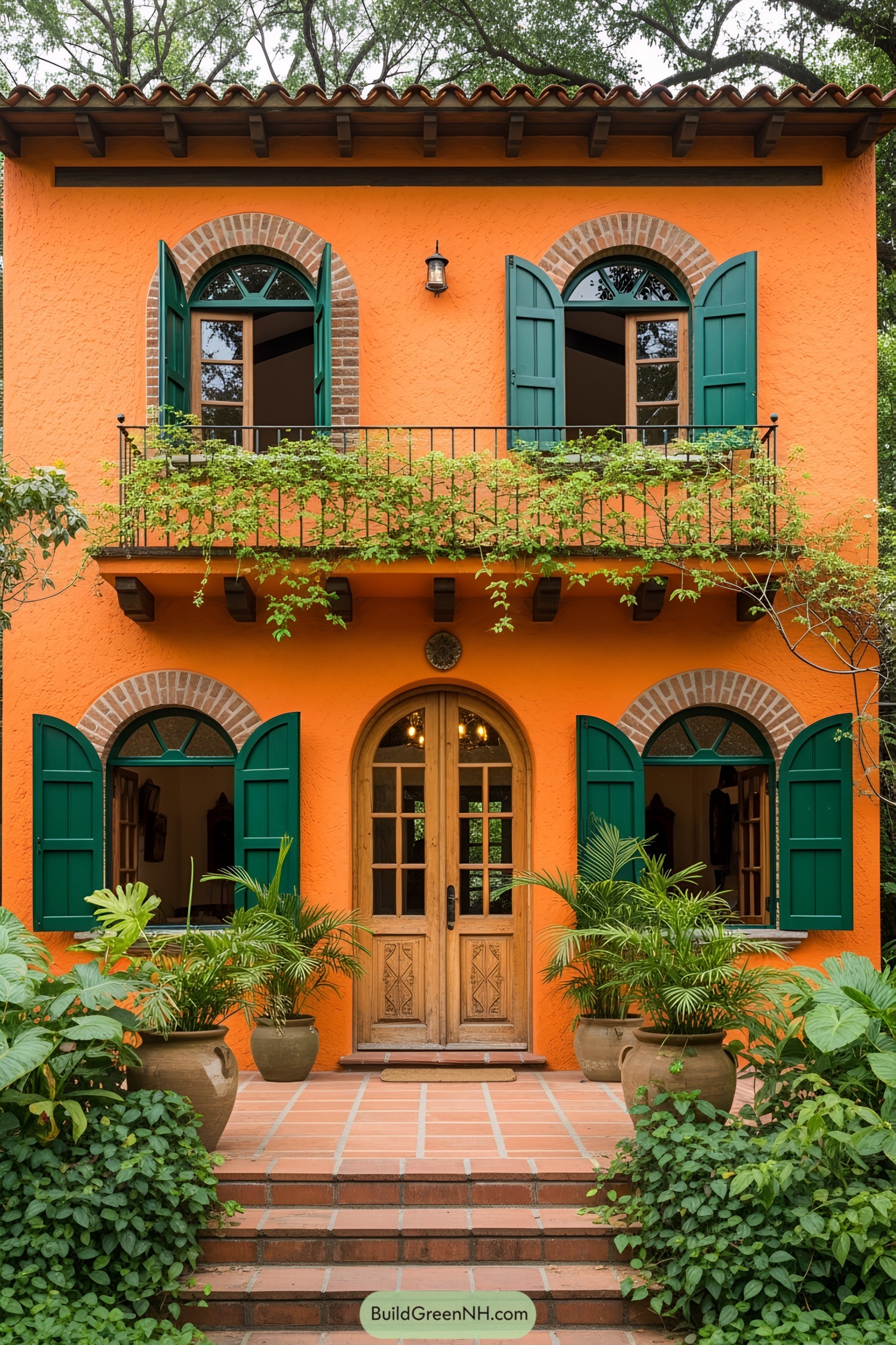Bright orange house with green shutters and lush plants