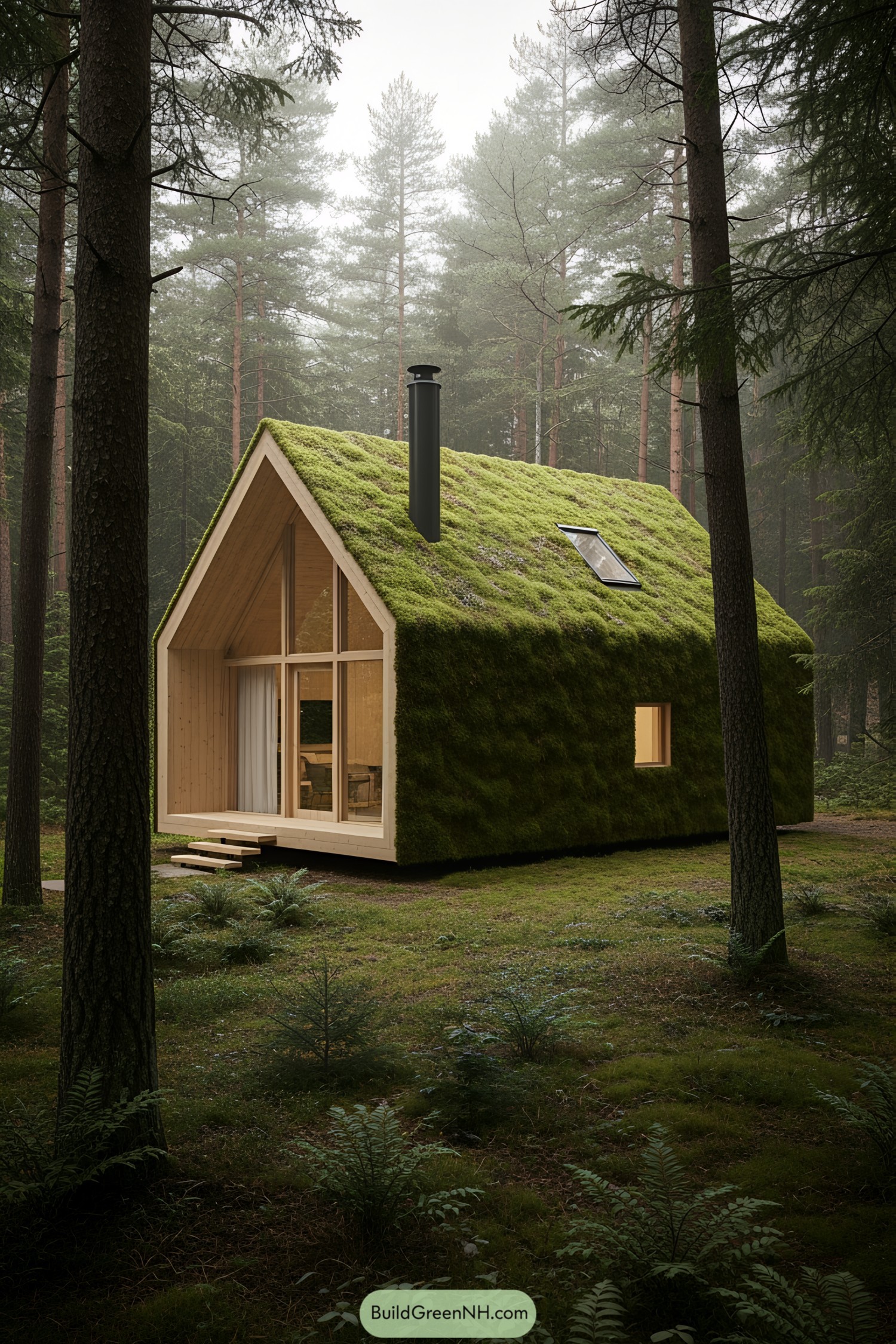 Compact house with a lush moss roof in a forest setting