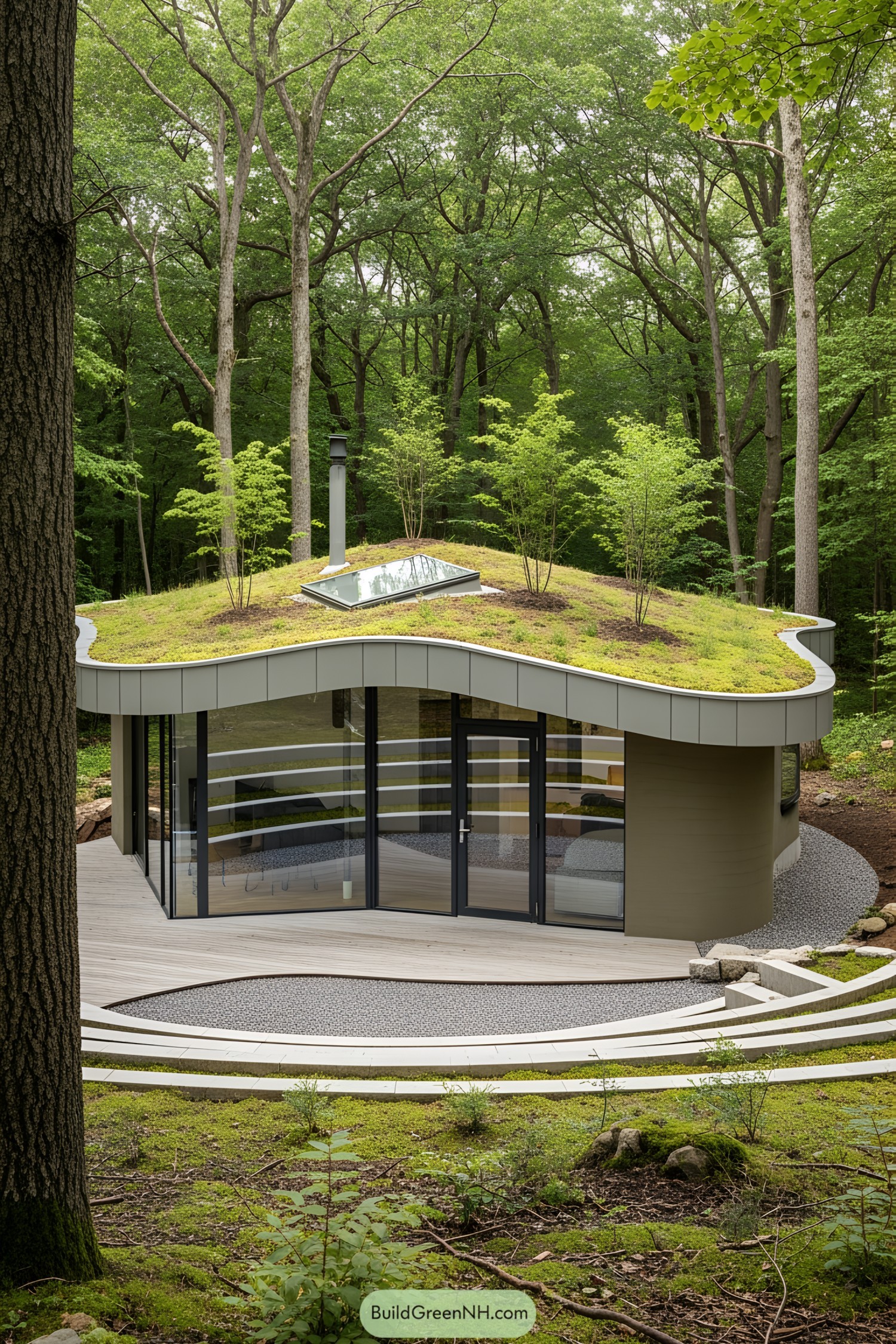 Modern small house with a mossy roof in a forest setting