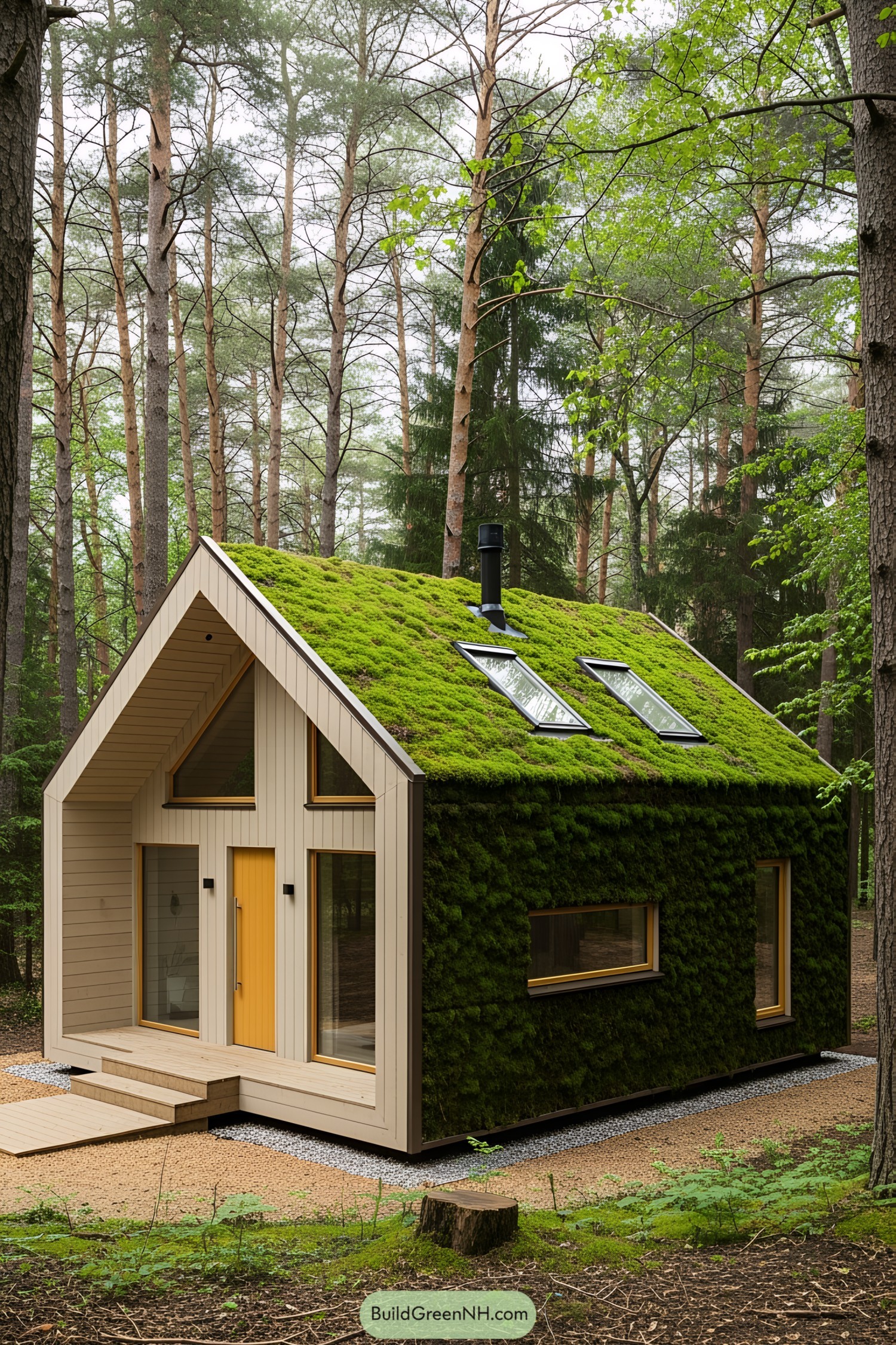 Forest cabin with a moss-covered roof and walls