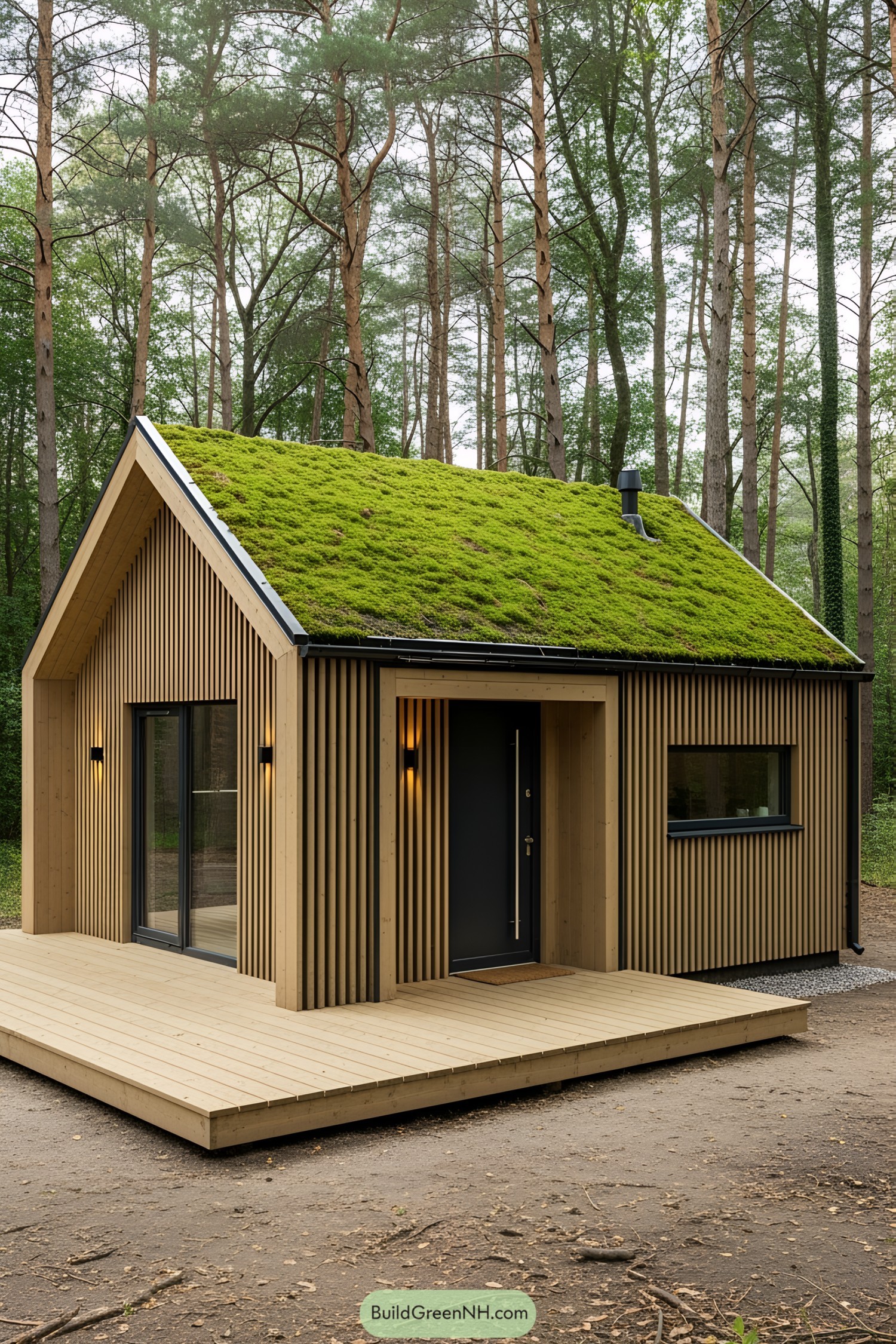 Small wooden house with a moss-covered roof in a forest setting