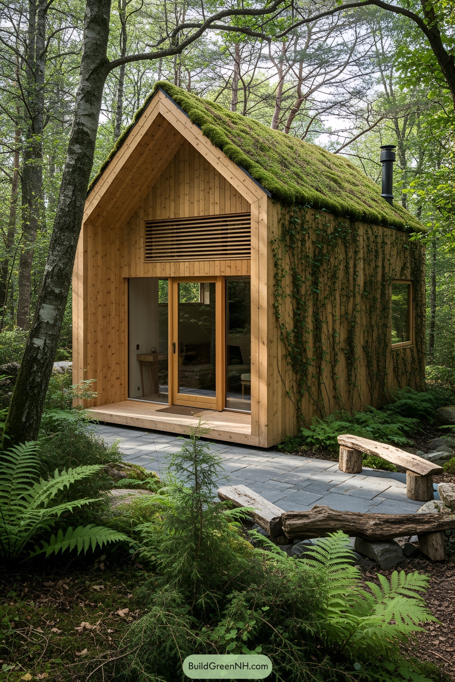 Compact cabin with moss-covered roof in forest setting