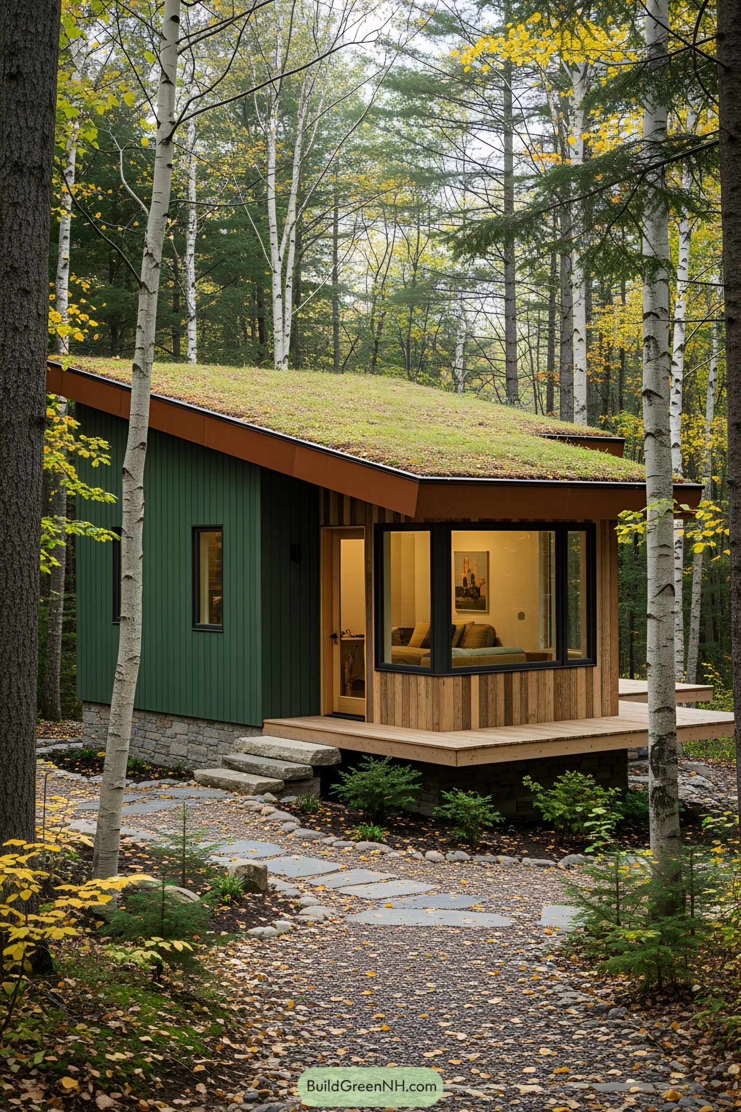Small modern house with mossy roof in forest