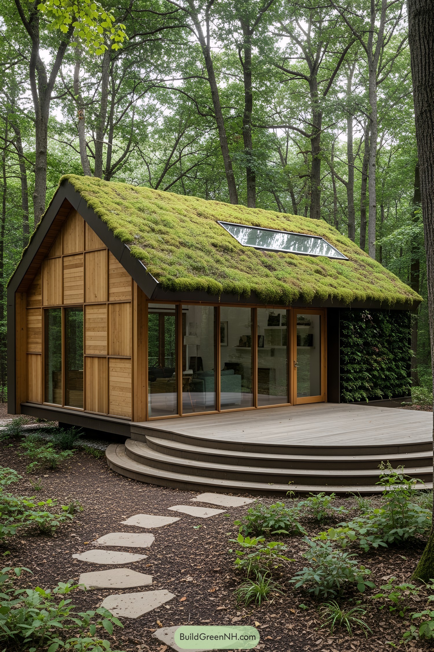 Small modern house with a moss-covered roof in a forest setting