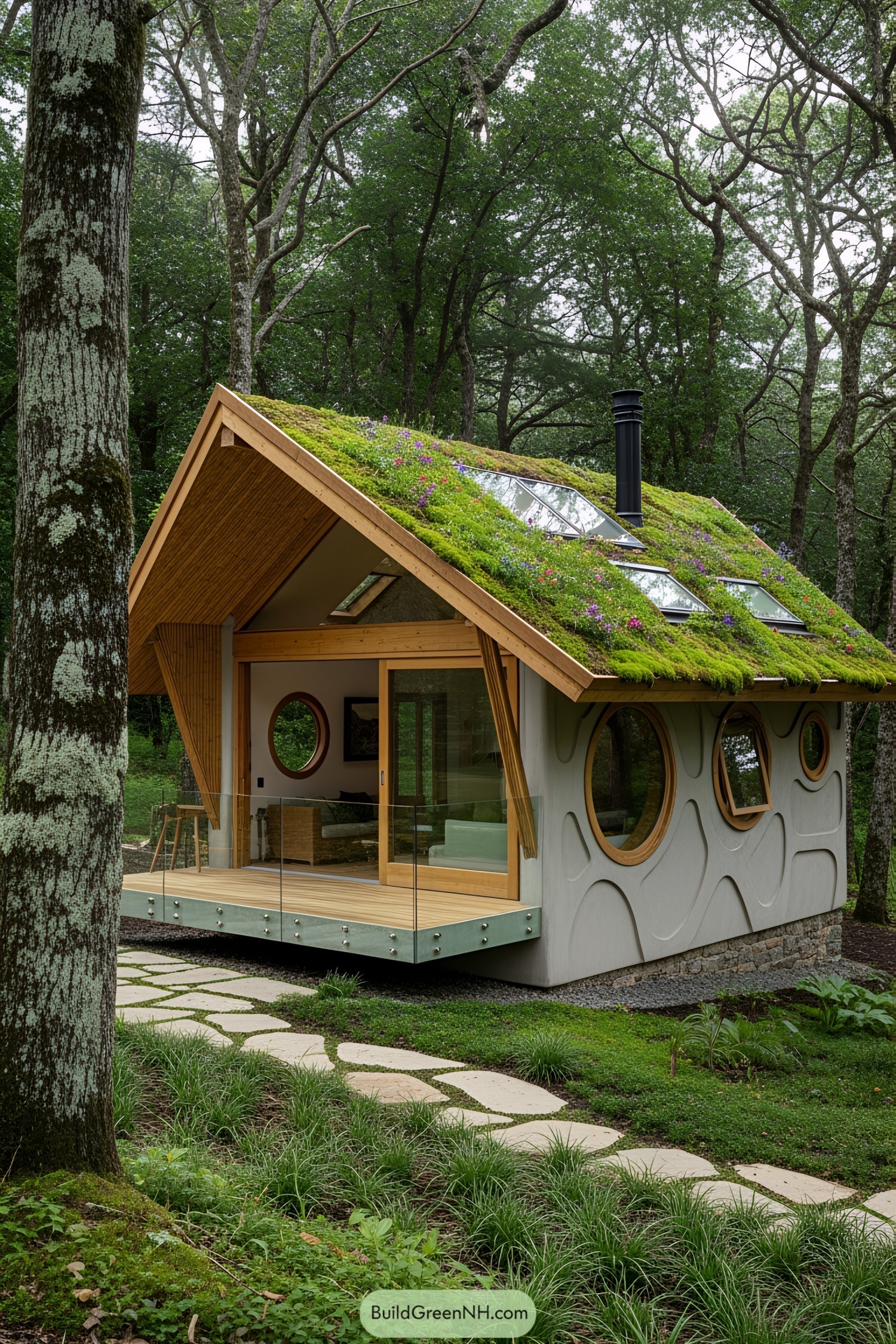 Small house with a moss-covered roof in a forest