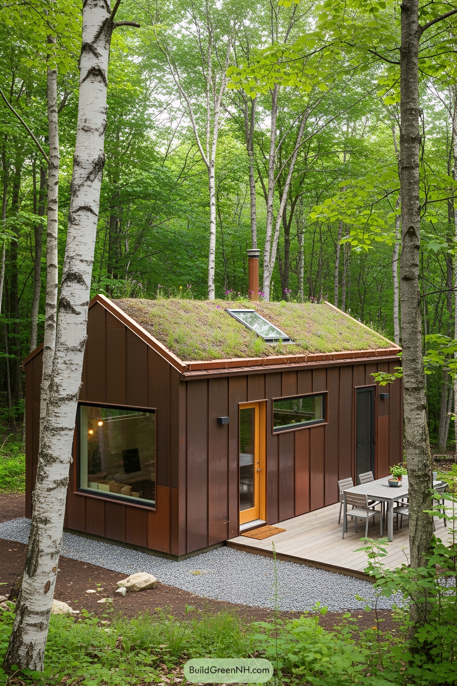 Small house with a moss-covered roof nestled in a forest