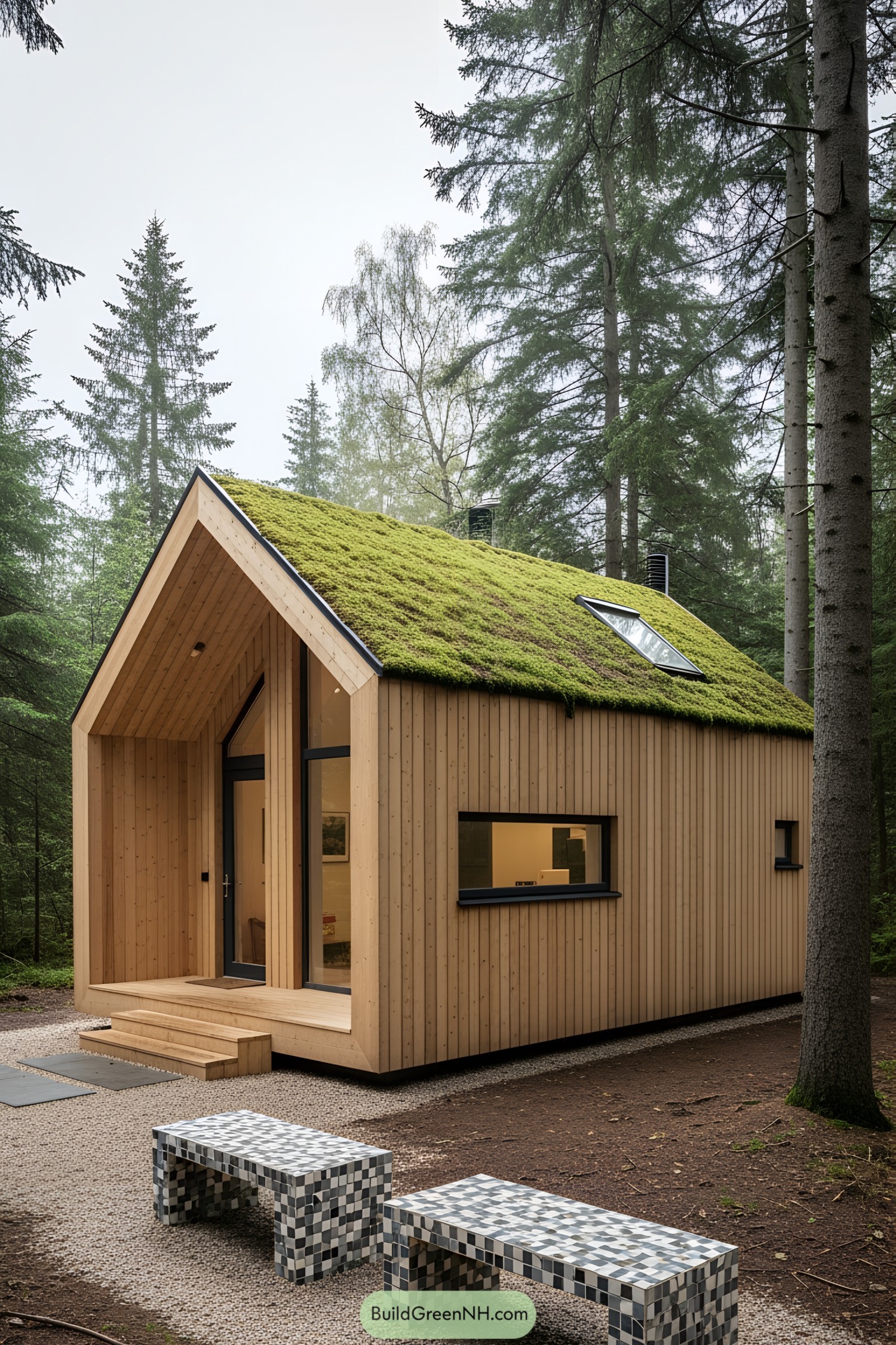 Small house in the forest with a green roof