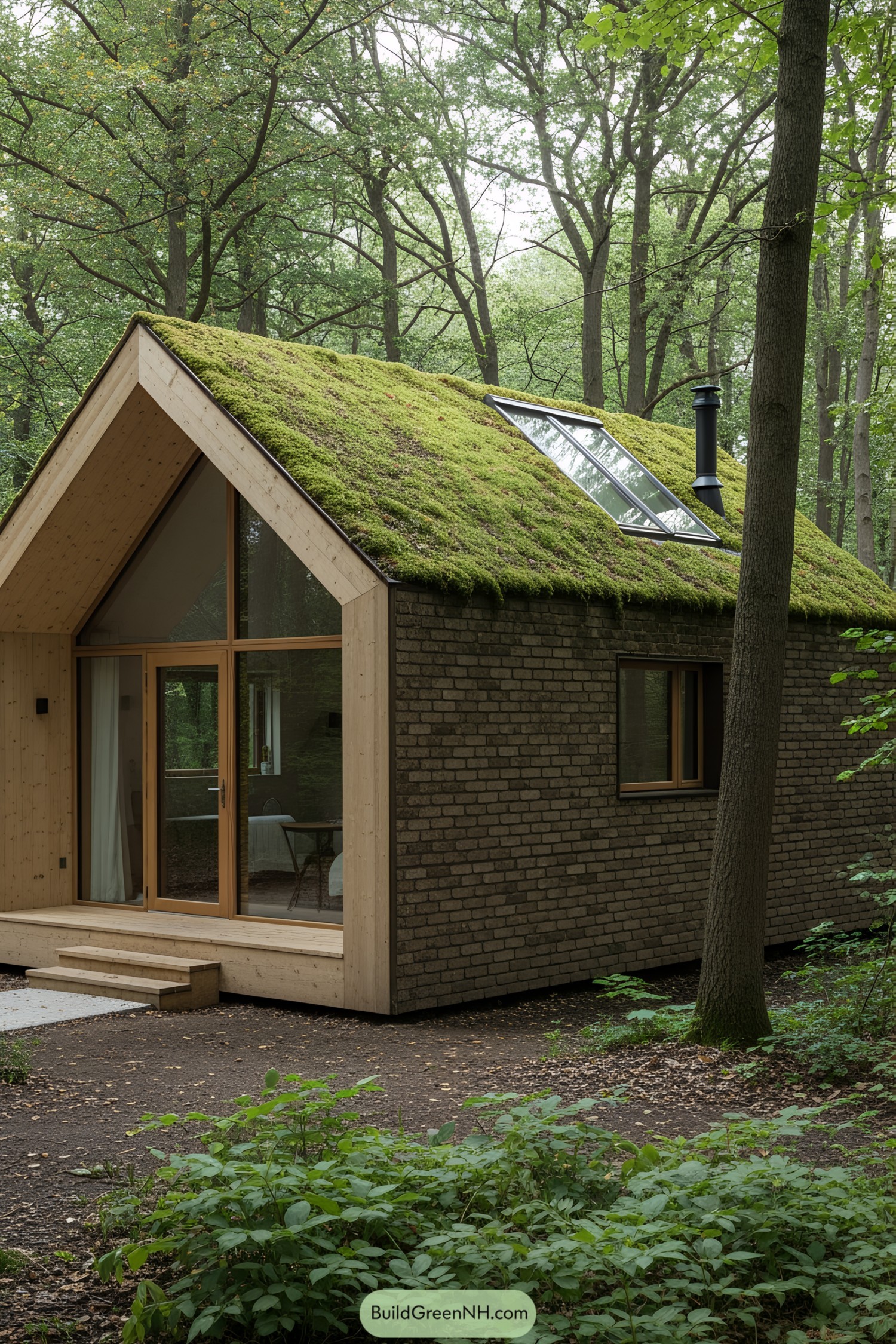 Small modern house in the forest with a moss-covered roof