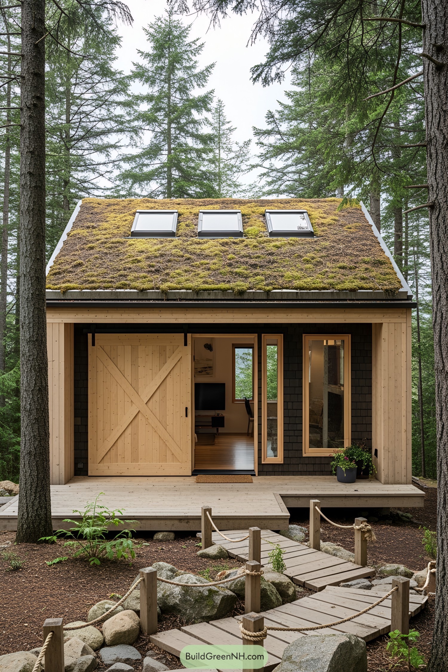 Small modern house with a moss-covered roof in a forest setting