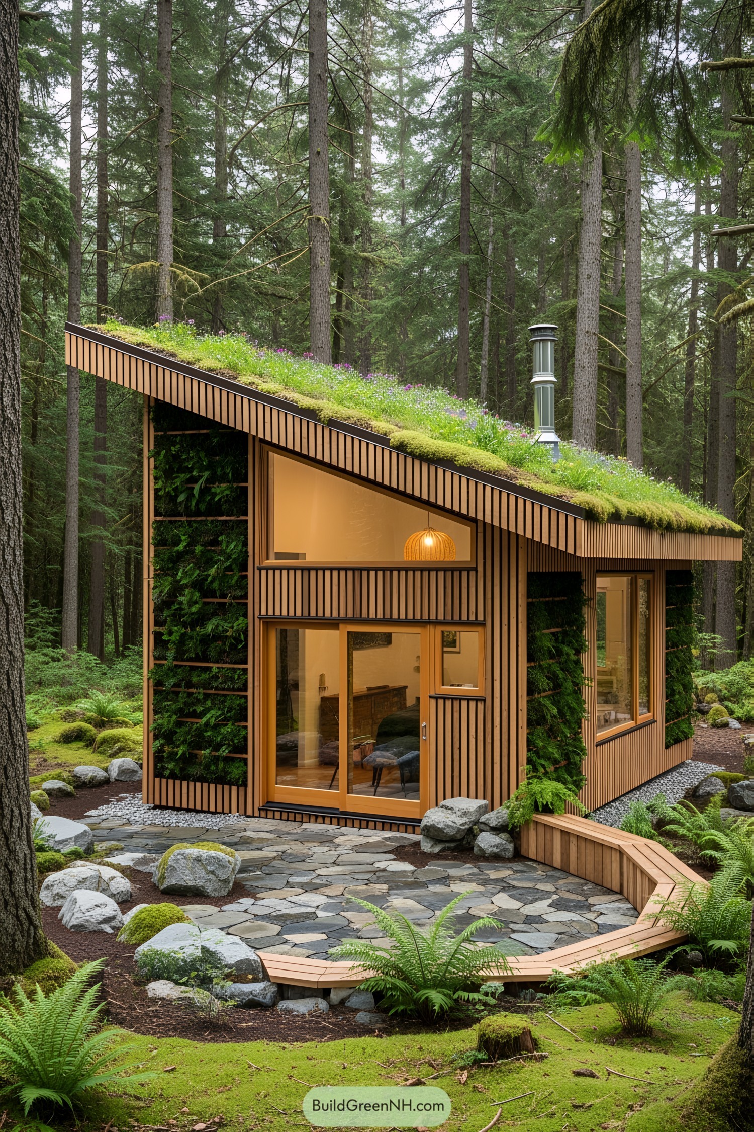 Cozy forest house with a green roof