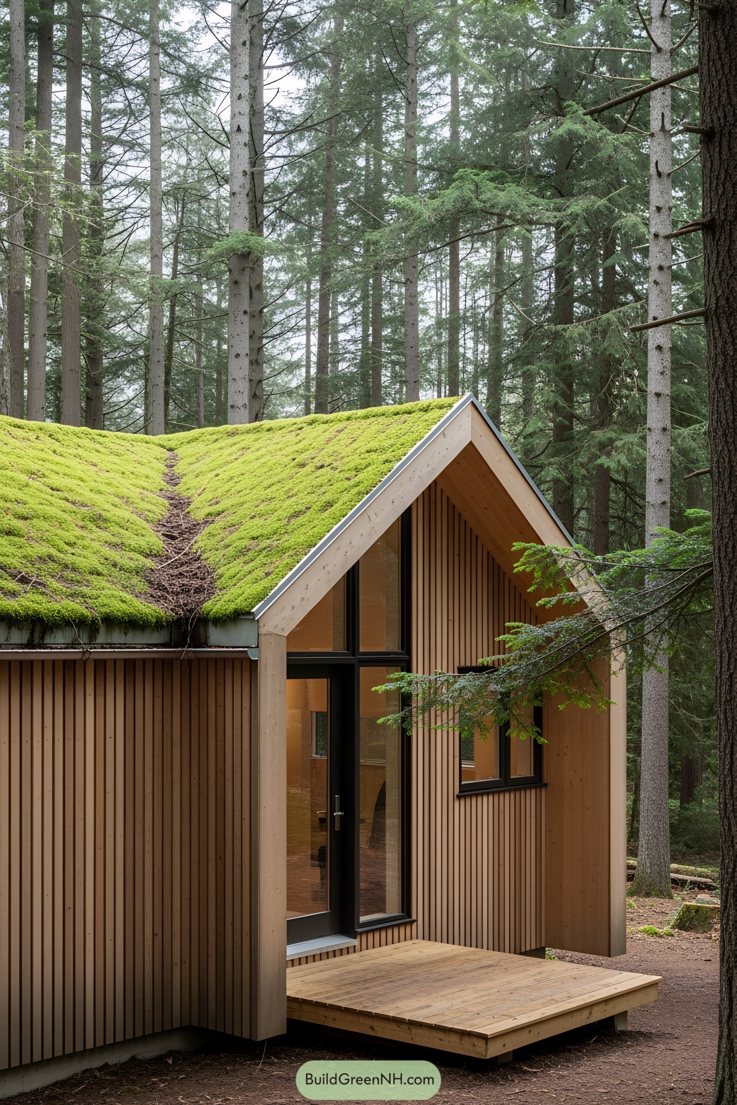 Small house with lush moss roof amidst tall trees