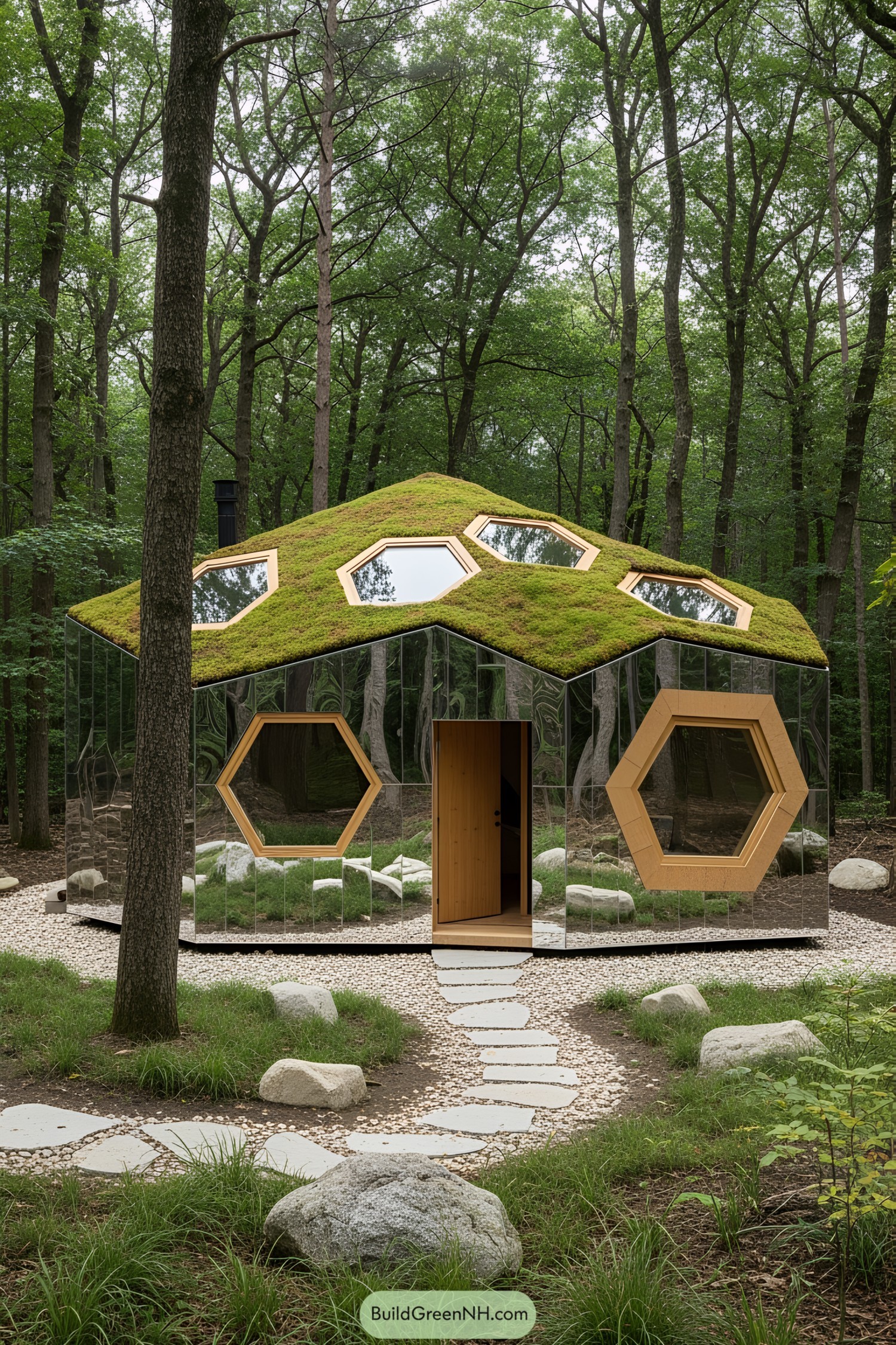Hexagonal windowed house with a mossy roof in a forest