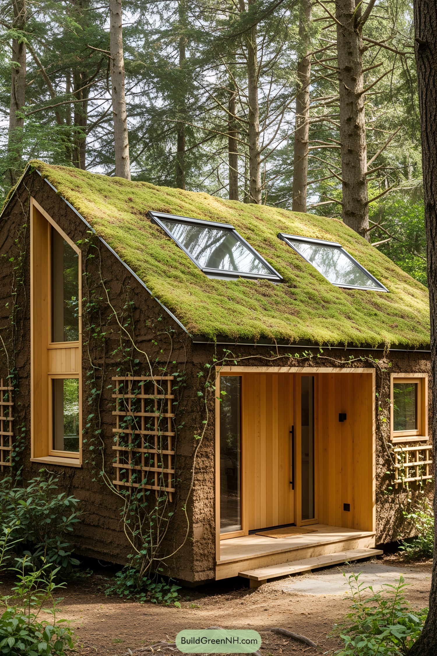 Compact house in the forest with a moss-covered roof and wooden accents