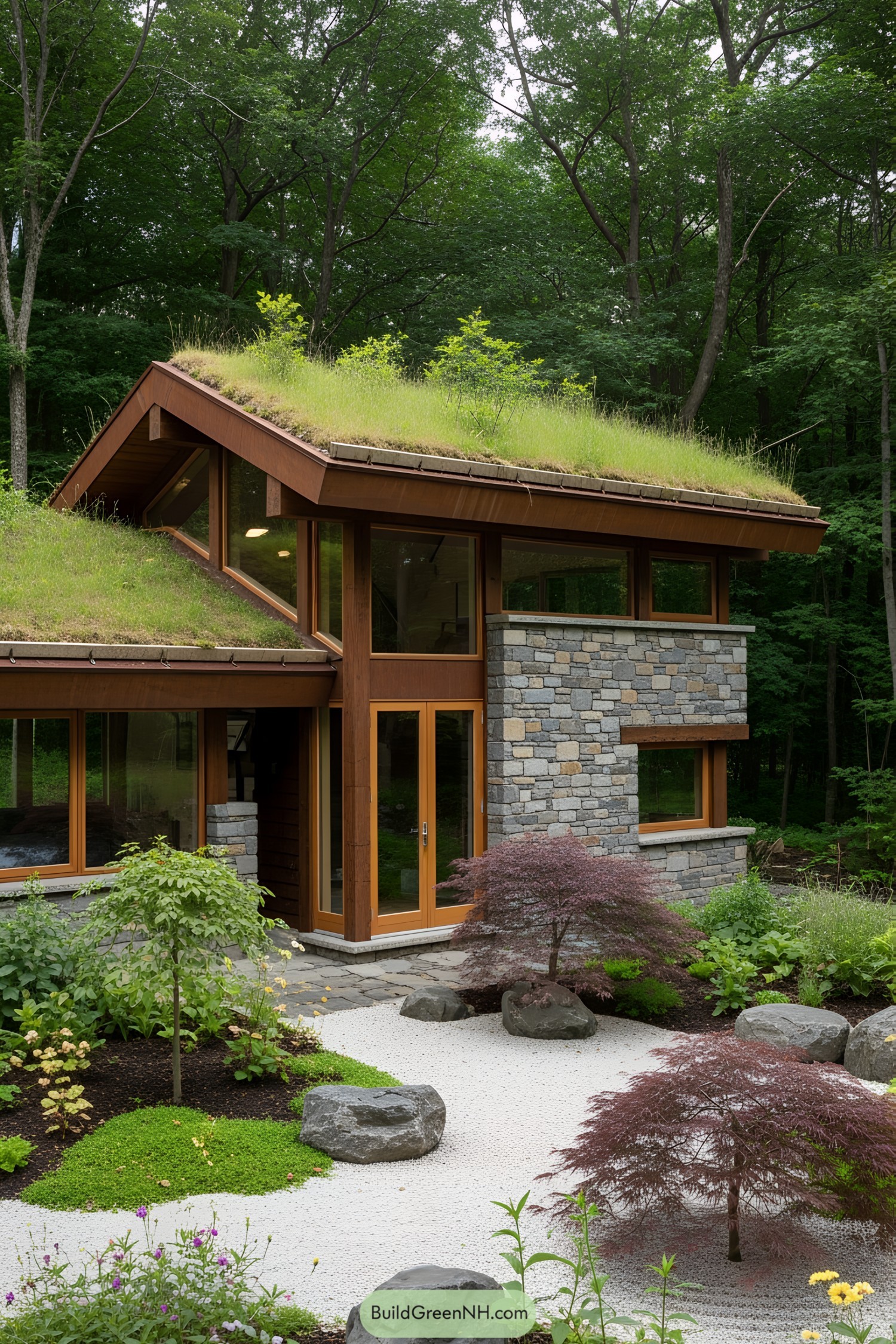 Contemporary house with a moss-covered roof in a forest setting