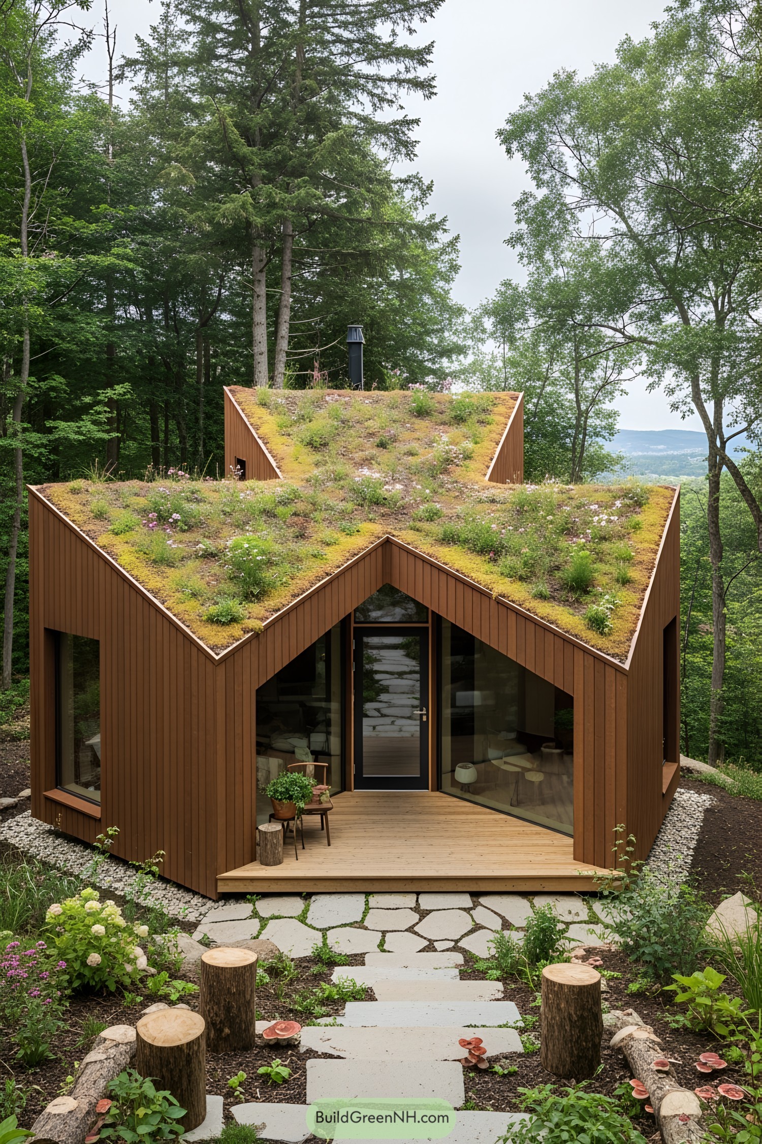 Small house in a forest with a lush, green roof