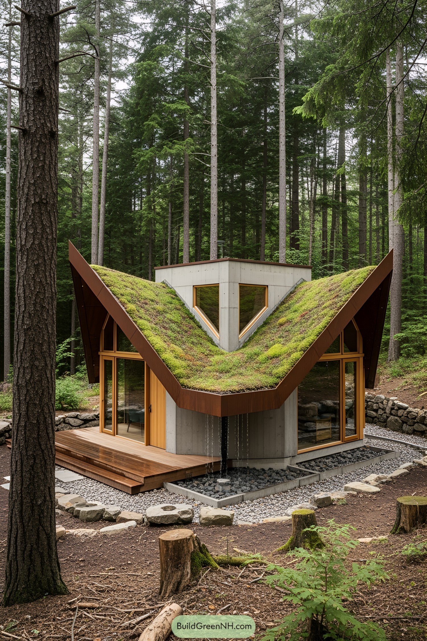 Small modern house with a green roof in a forest