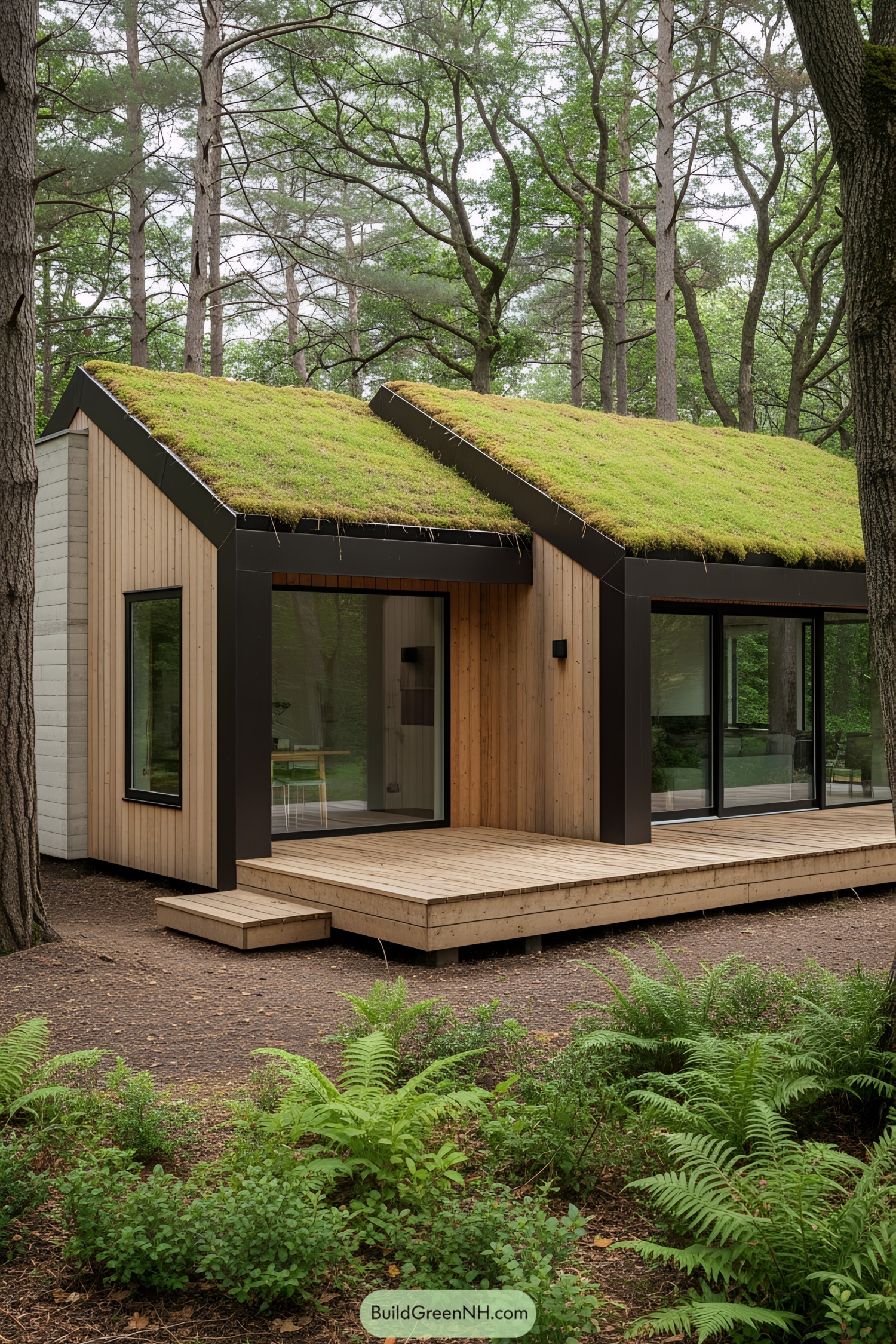 Small modern house with moss-covered roof in a forest setting