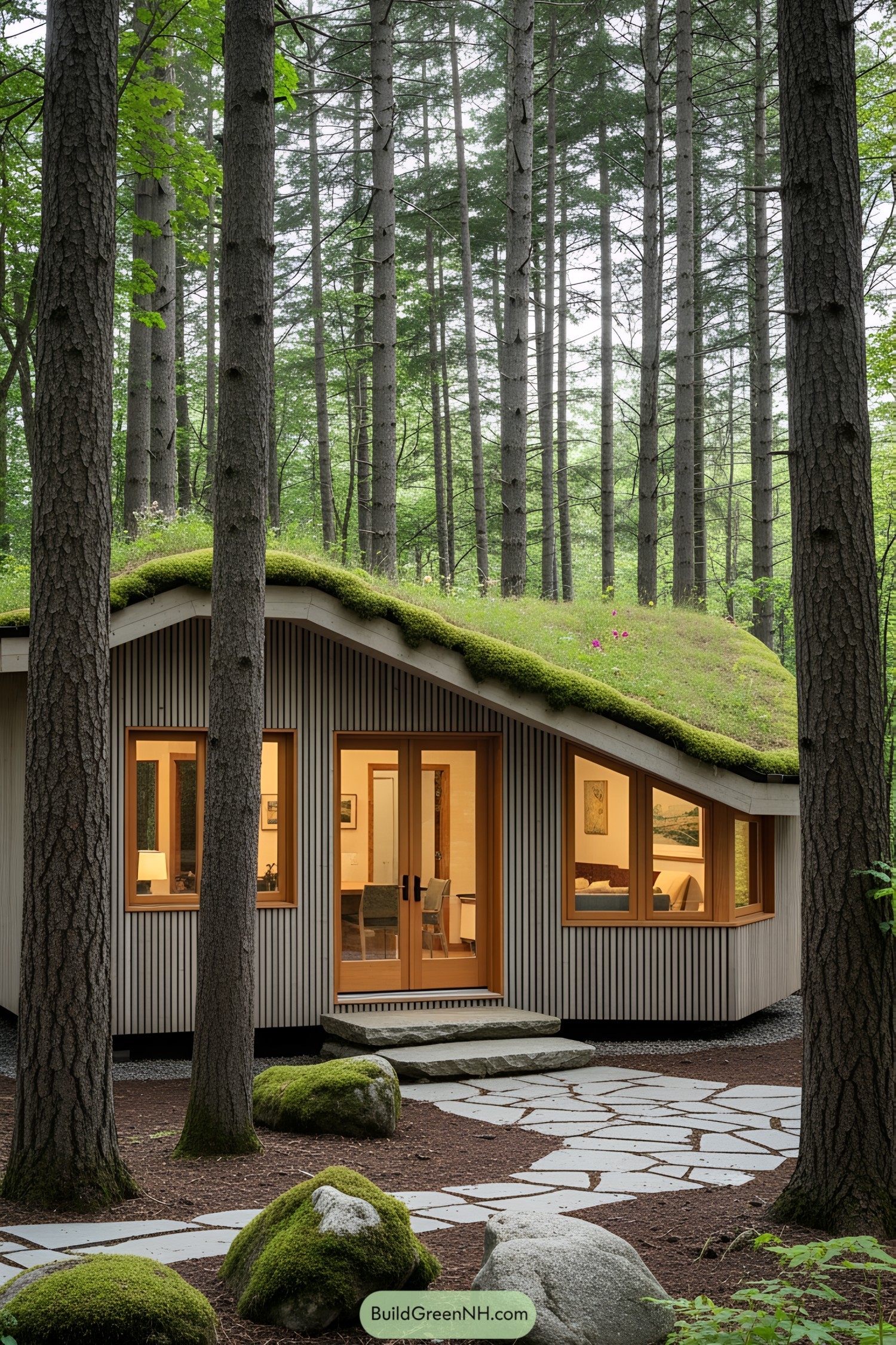 Small house in a forest with a moss-covered roof and facade