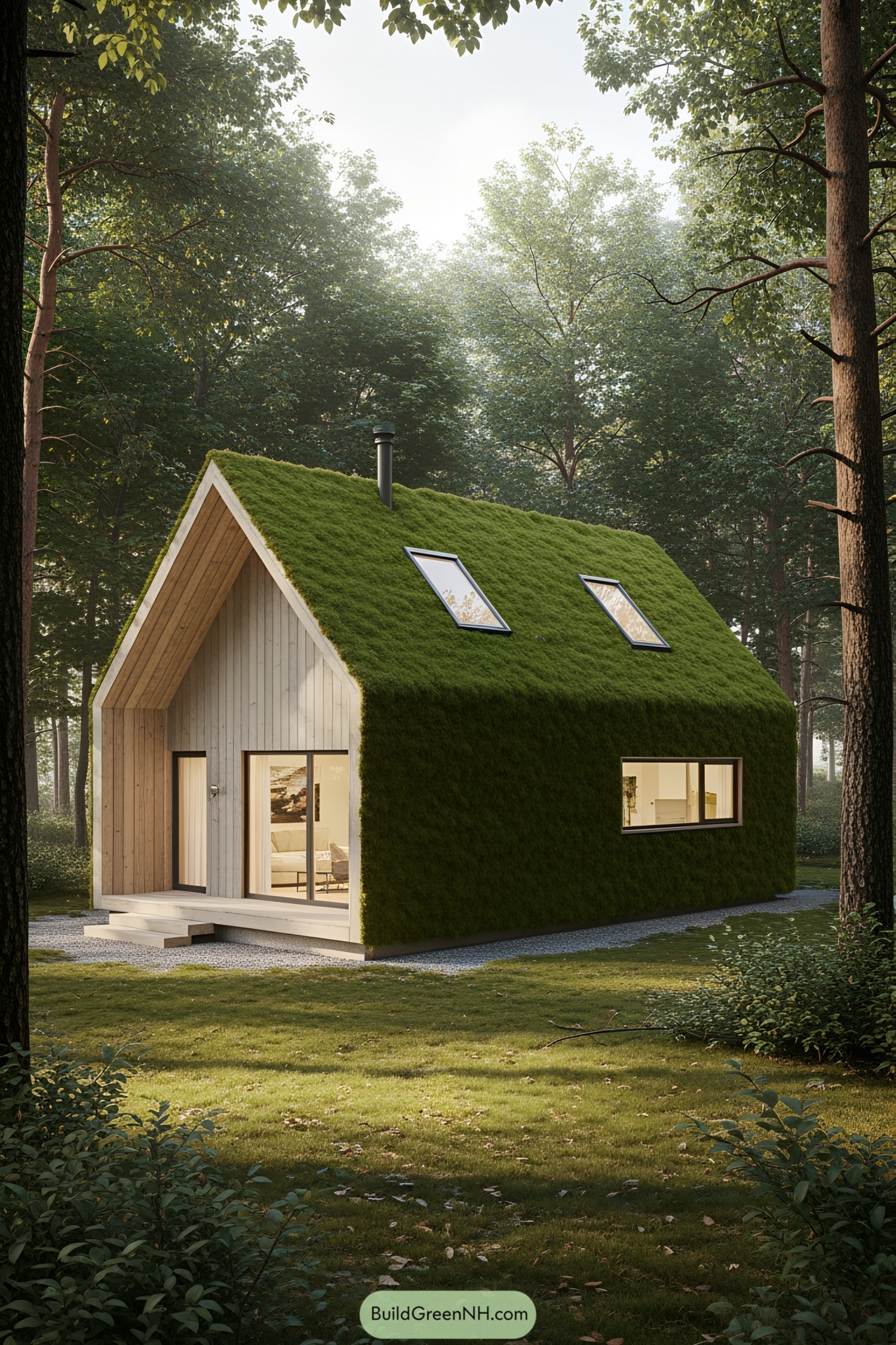 Modern house with a moss-covered roof in a forest