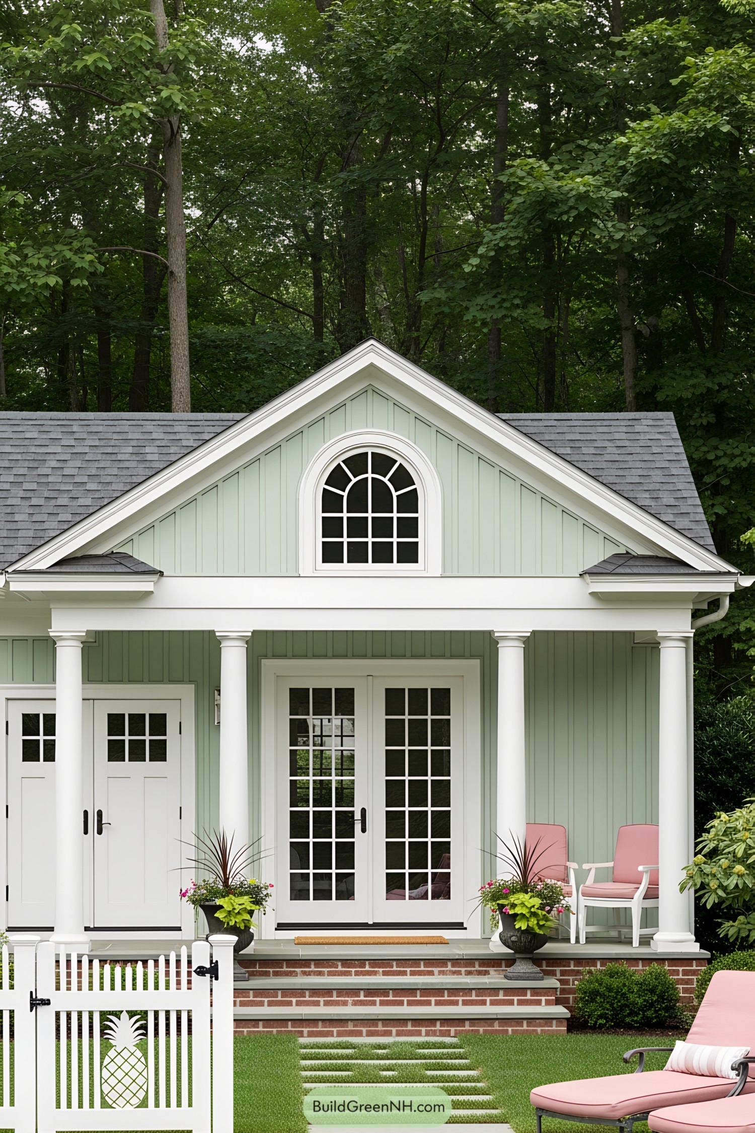 Small poolside house with white French doors and pink chairs