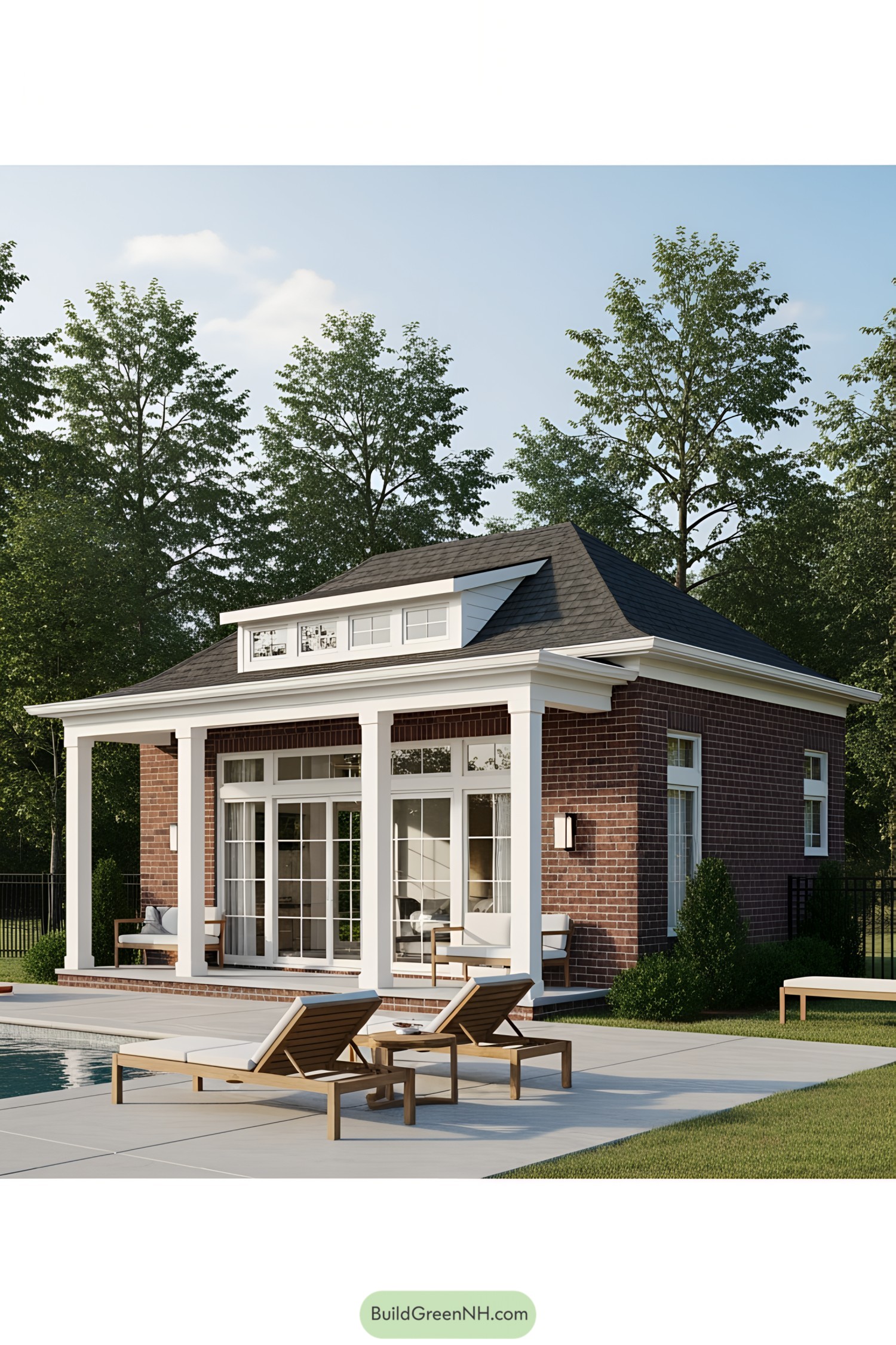 Cozy brick pool house with lounging chairs