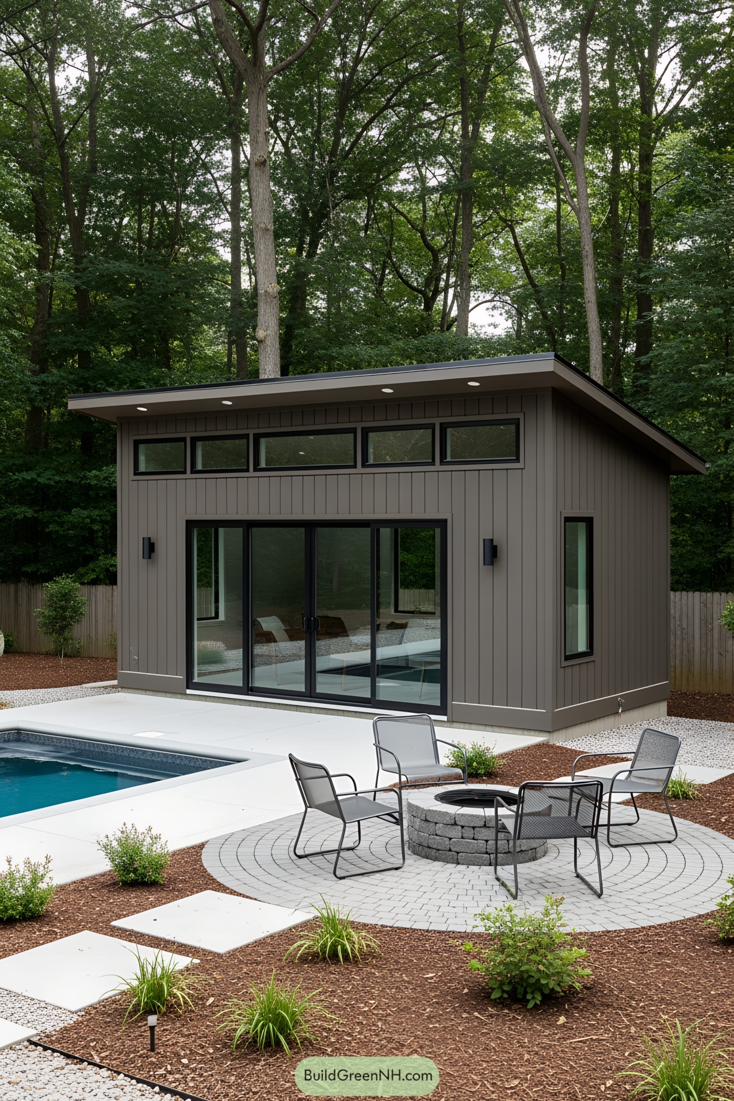 Small modern pool house with a sleek design by the pool
