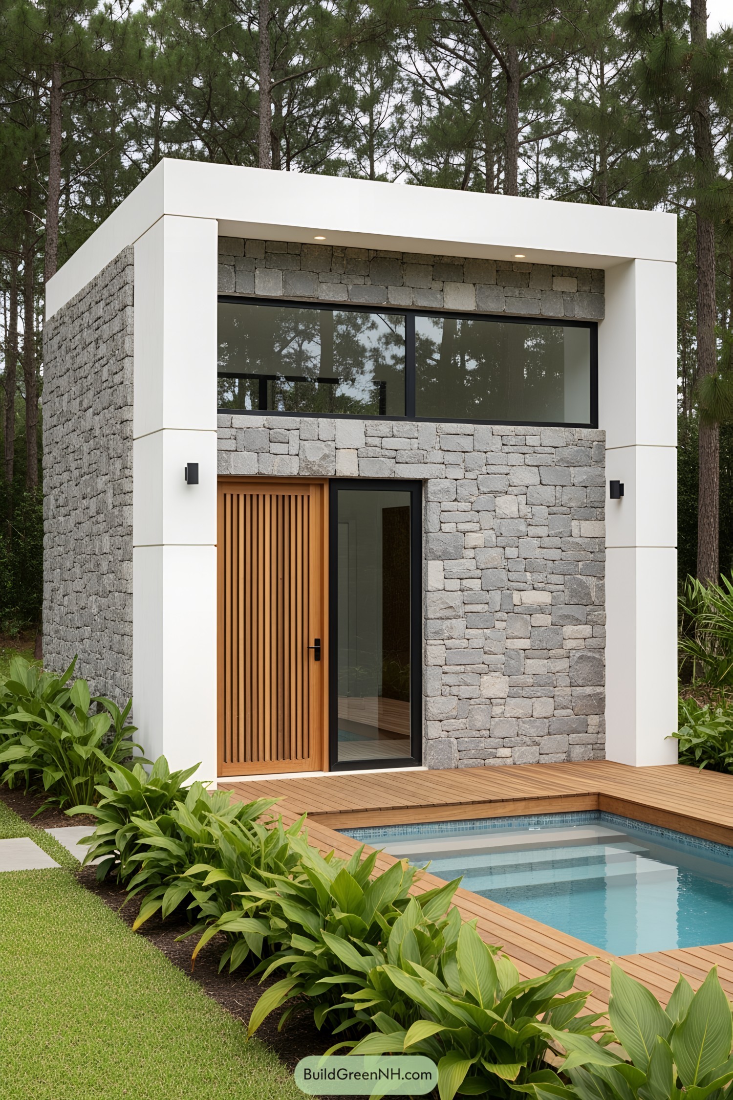 Small pool house with stone facade and wooden accents