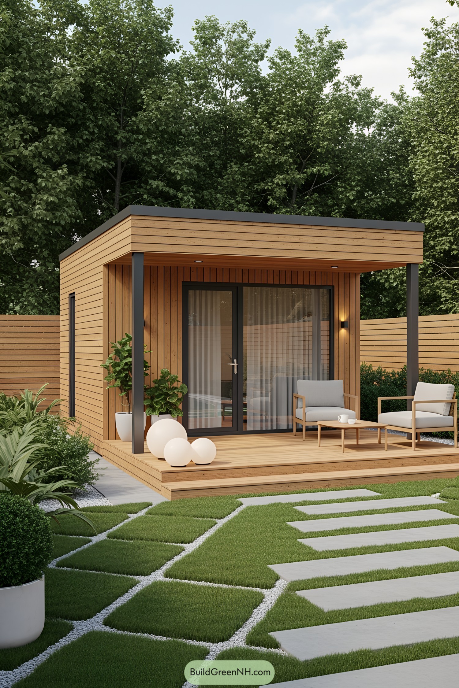 Compact wooden pool house with a patio