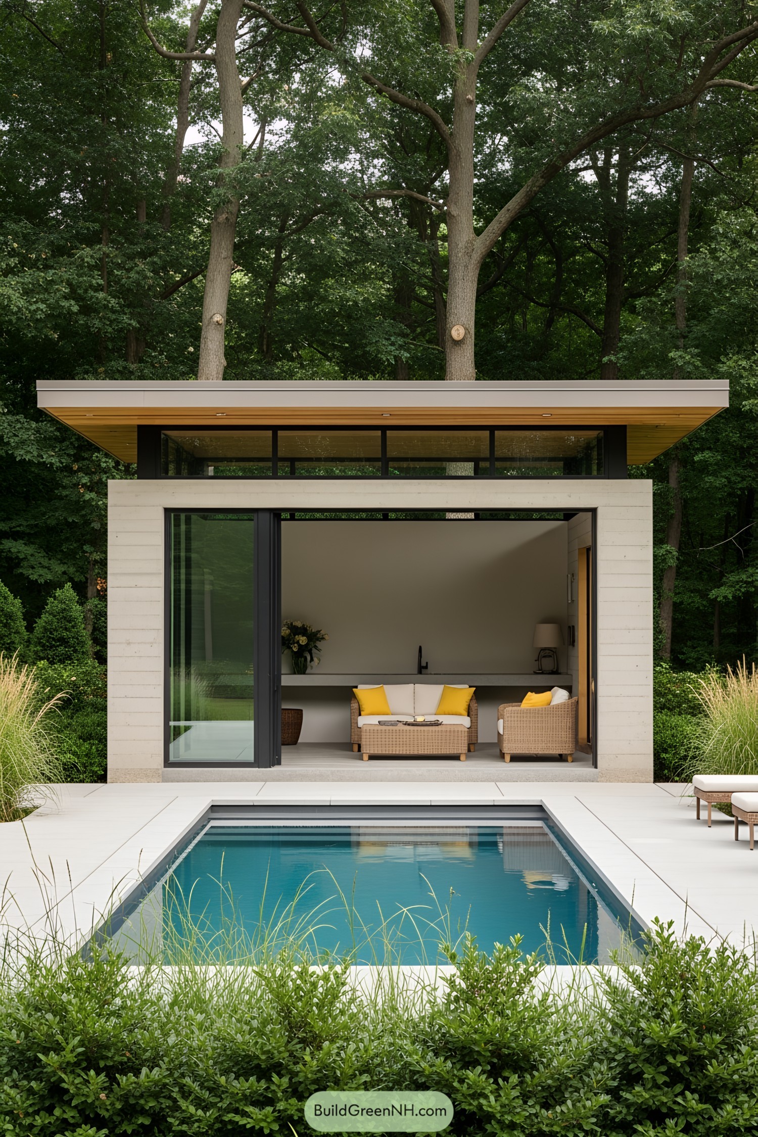 A modern pool house with a minimalist design