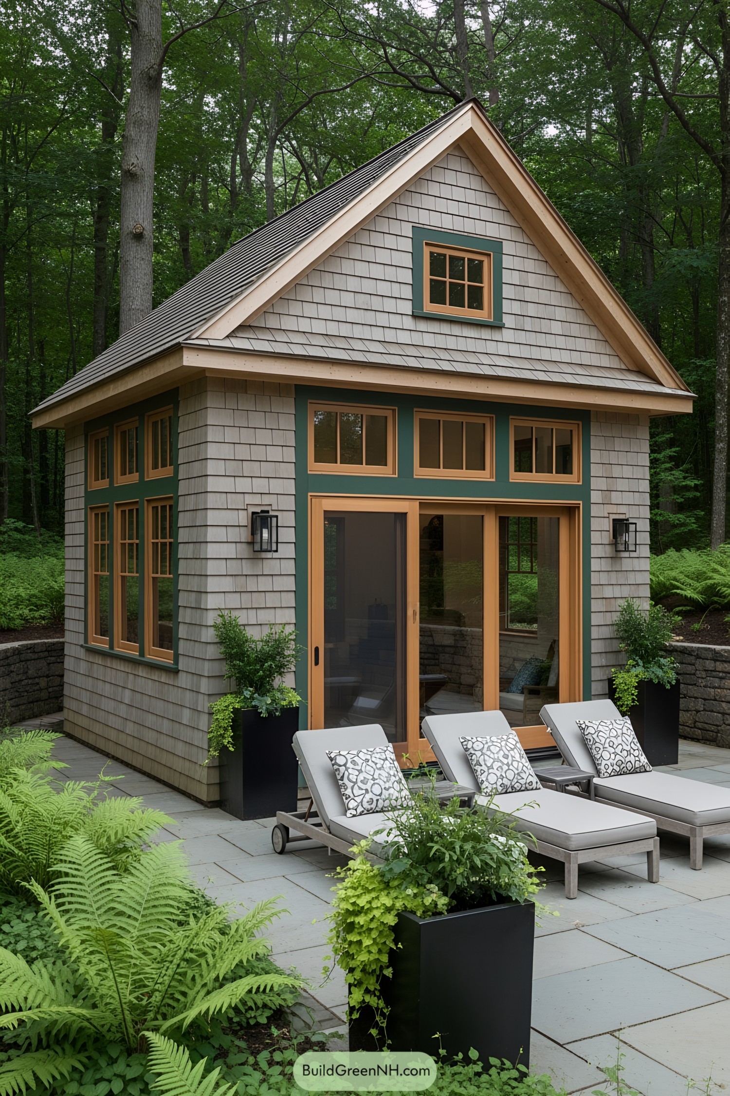 Small cottage by a pool surrounded by trees and plants